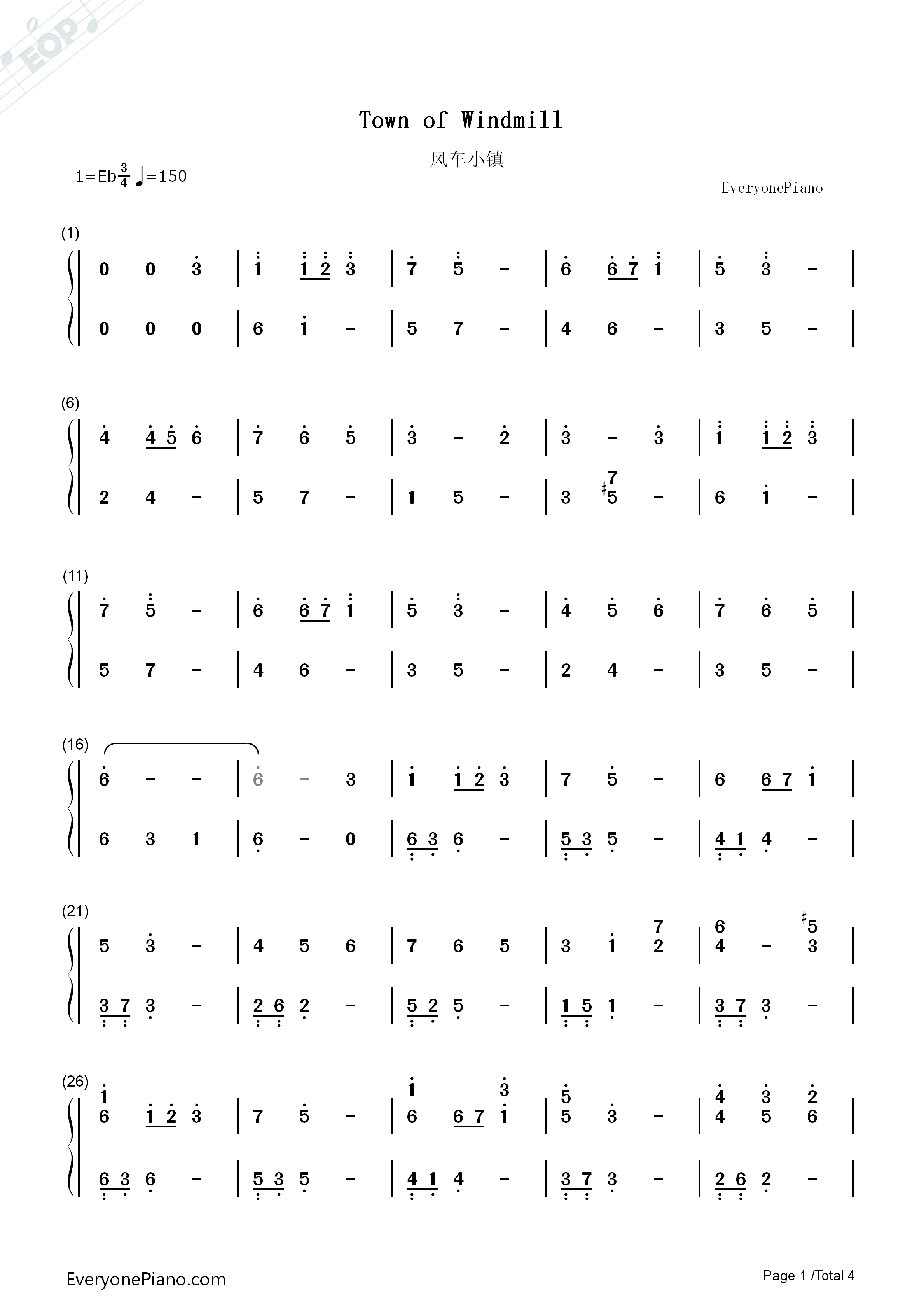 Town_of_Windmill钢琴简谱_a_hisa演唱