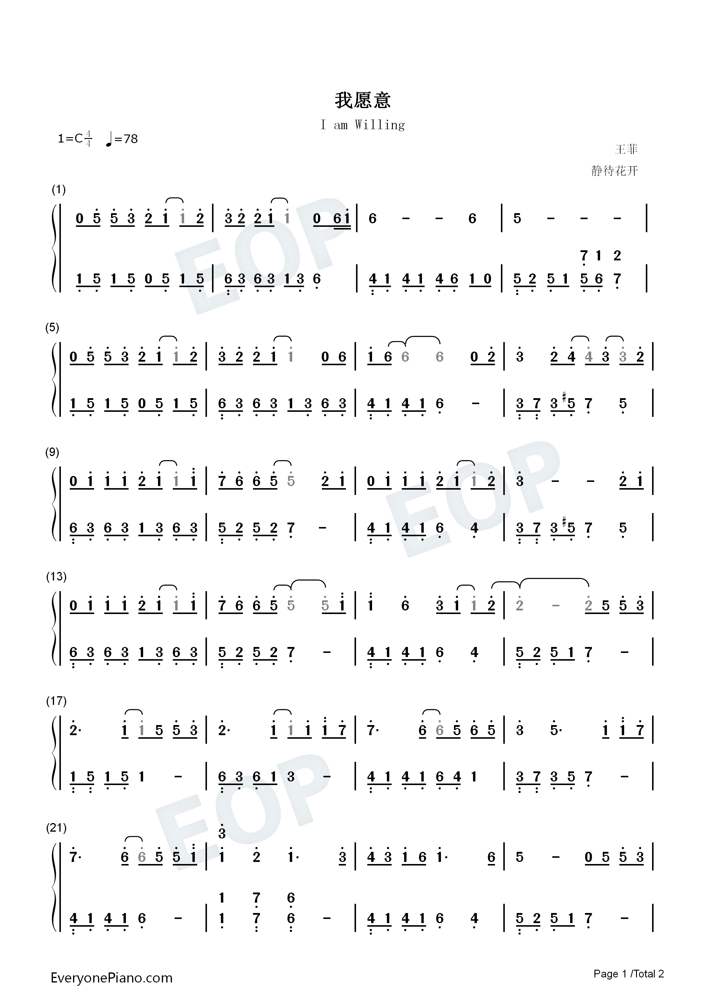 我愿意钢琴简谱_王菲演唱