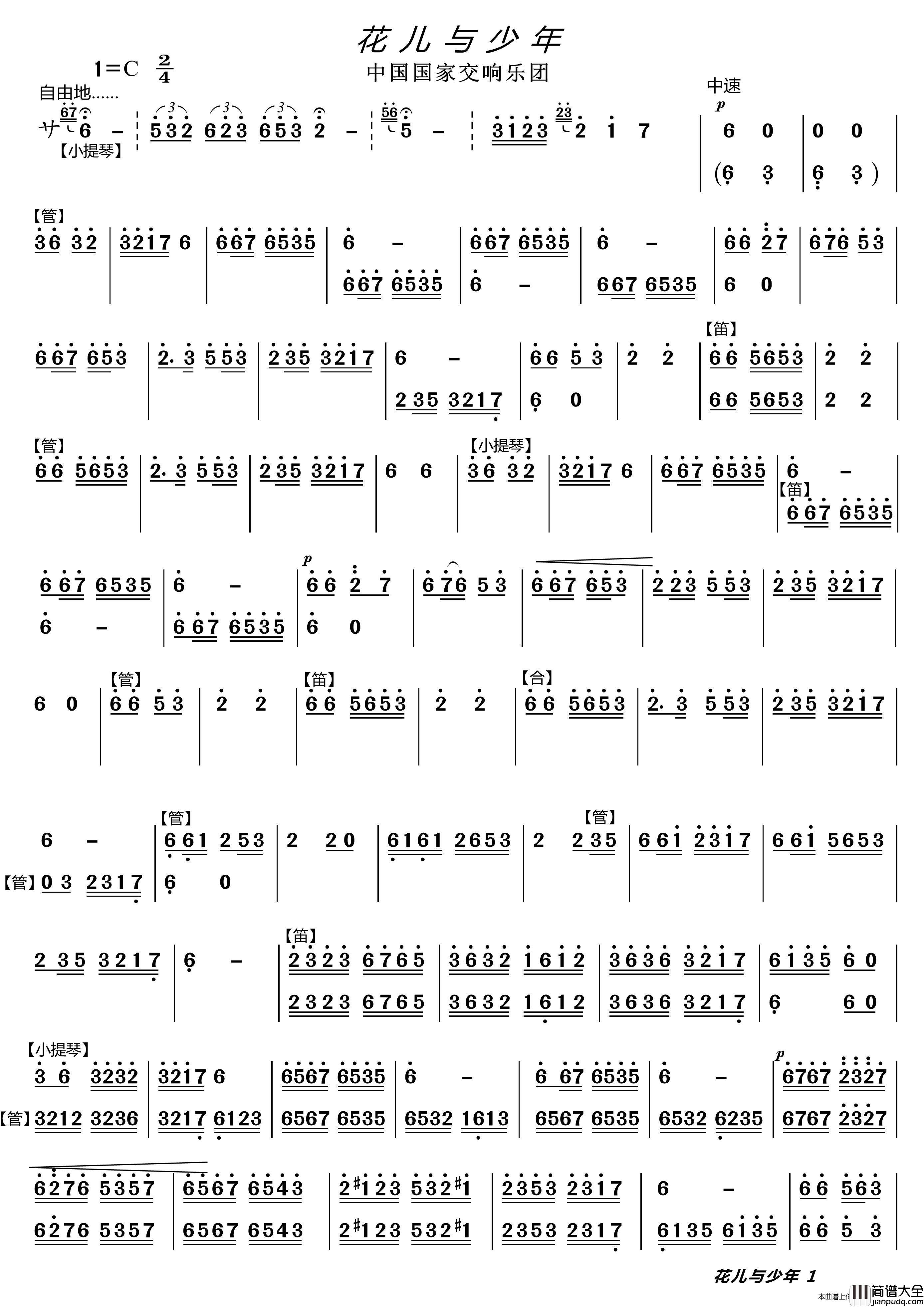 花儿与少年（器乐合奏主旋律谱）简谱_中国国家交响乐团演唱_LZH5566制作曲谱