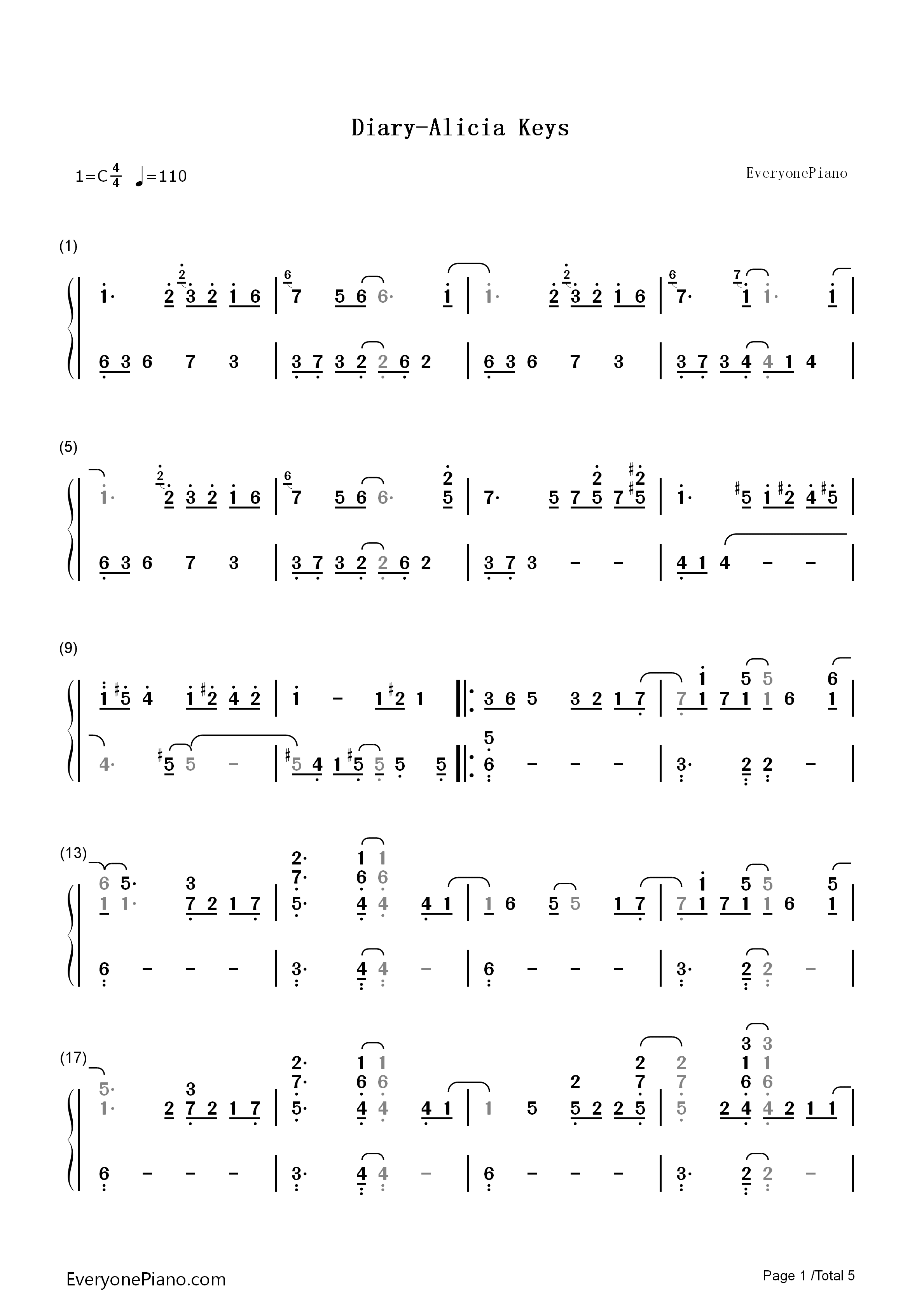 Diary钢琴简谱_Alicia_Keys演唱