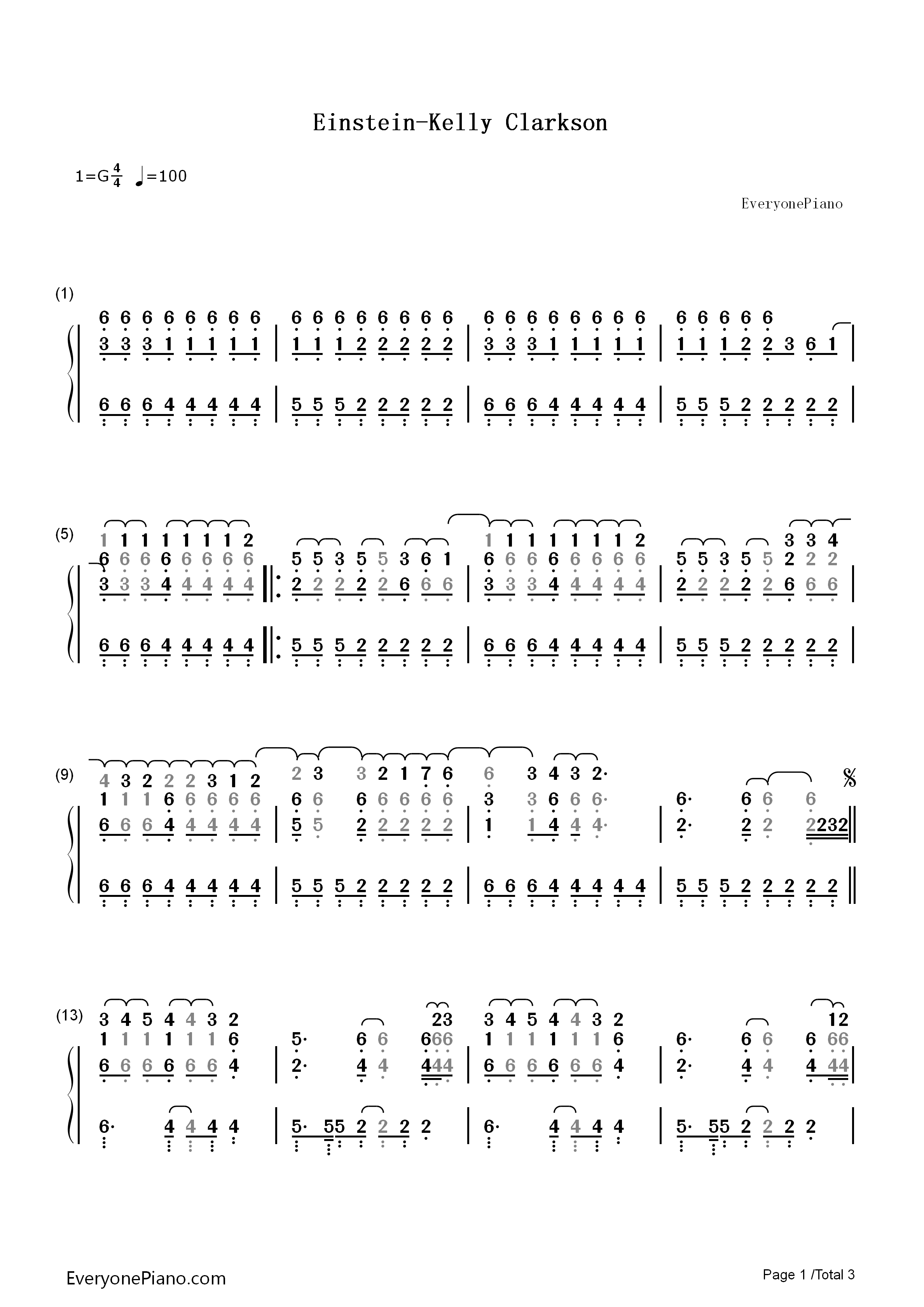 Einstein钢琴简谱_Kelly_Clarkson演唱