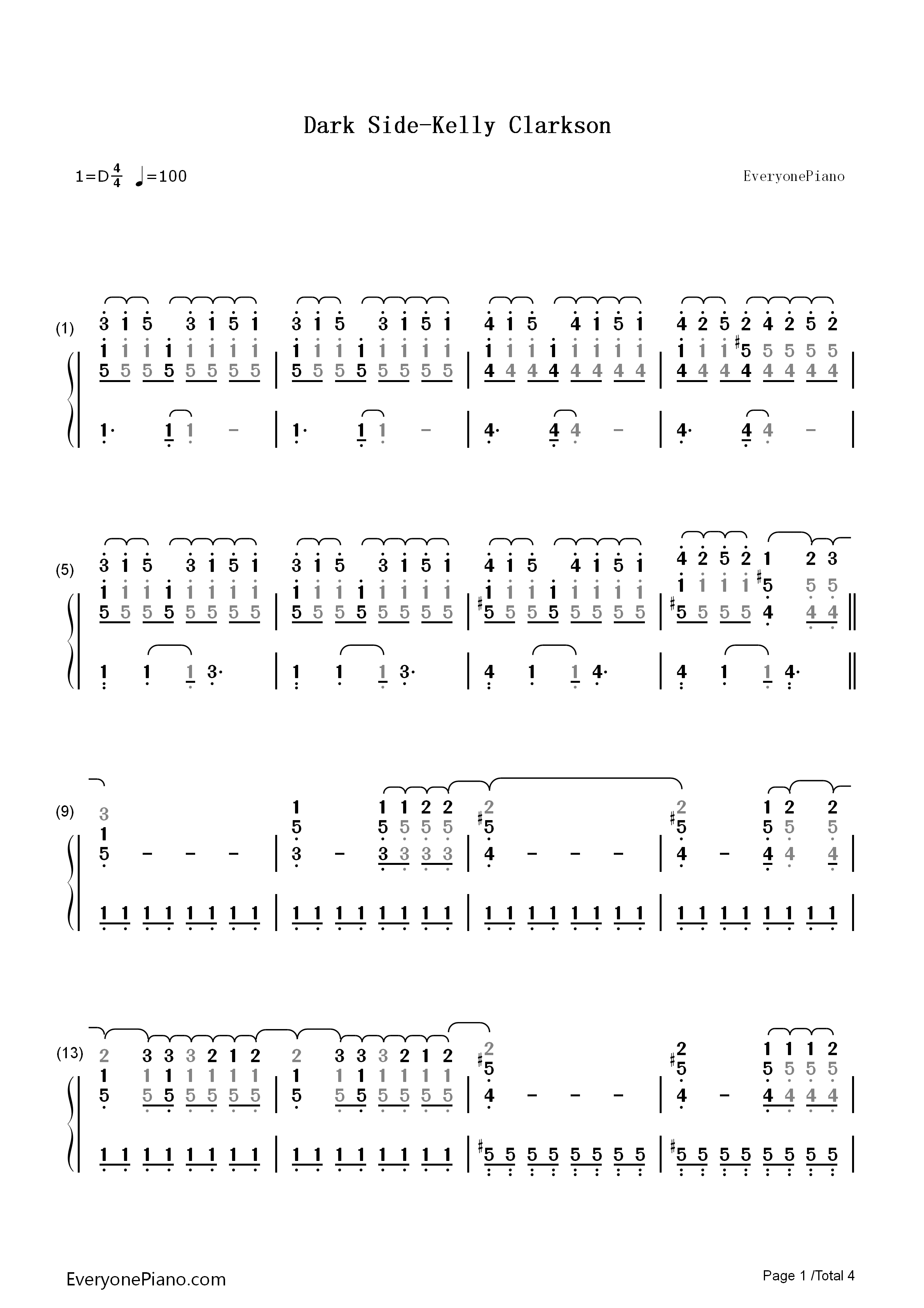 Dark_Side钢琴简谱_Kelly_Clarkson演唱