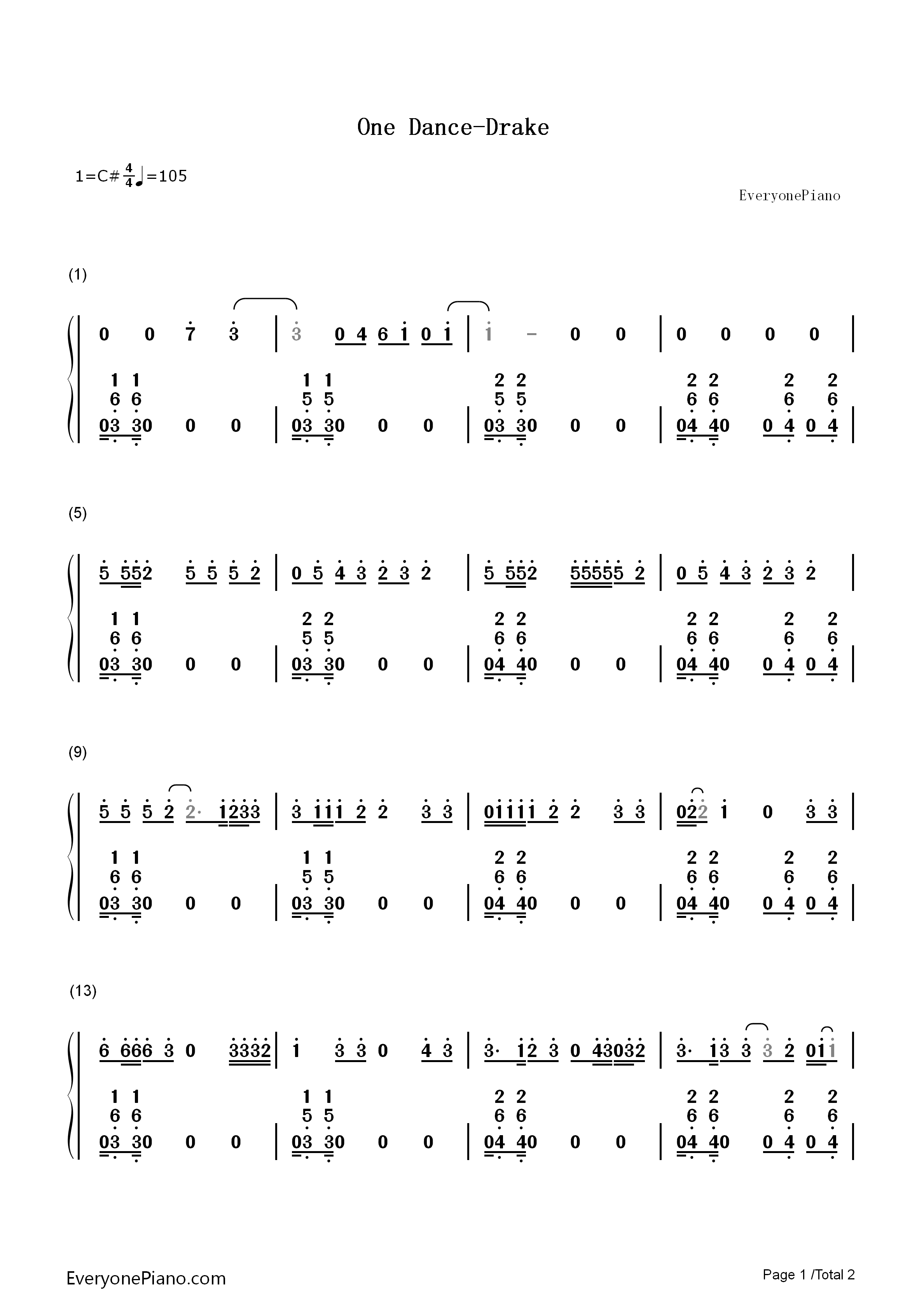 One_Dance钢琴简谱_Drake演唱