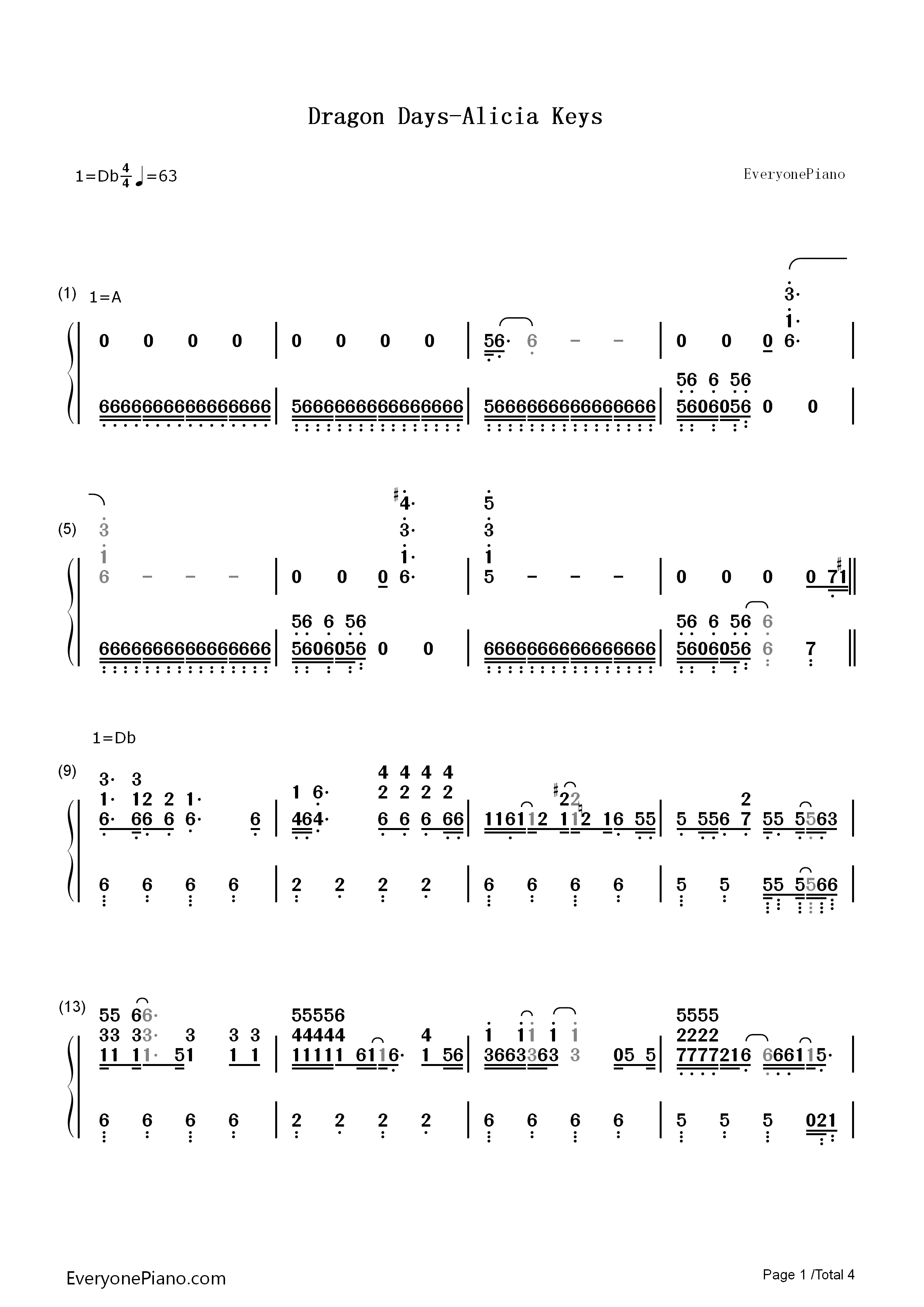 Dragon_Days钢琴简谱_Alicia_Keys演唱