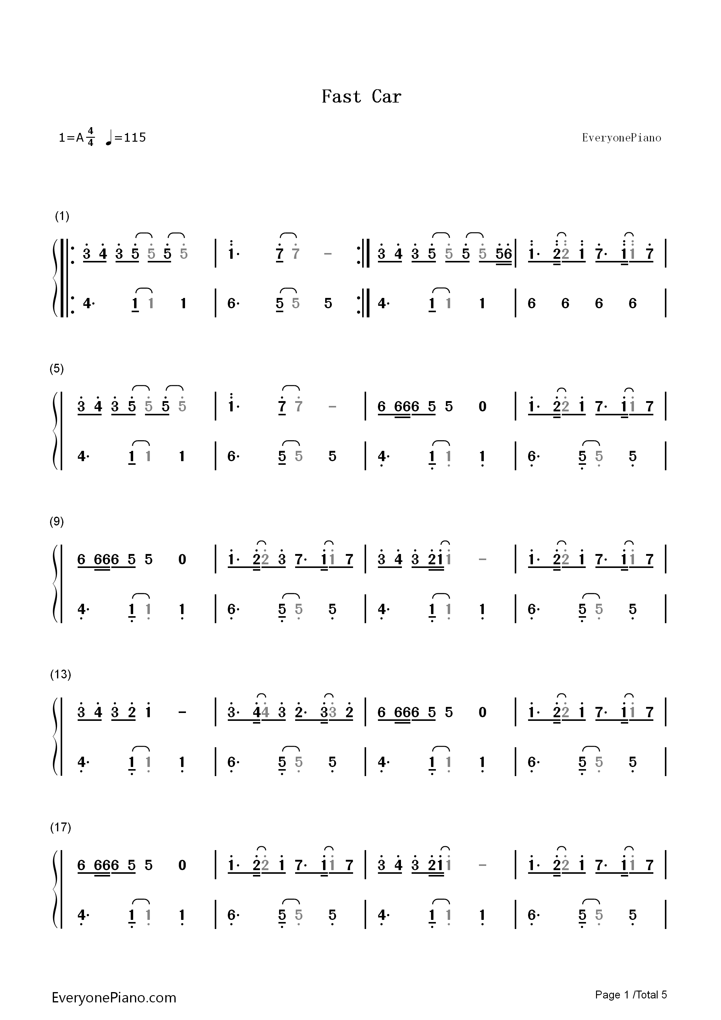 Fast_Car钢琴简谱_Jonas_Blue演唱