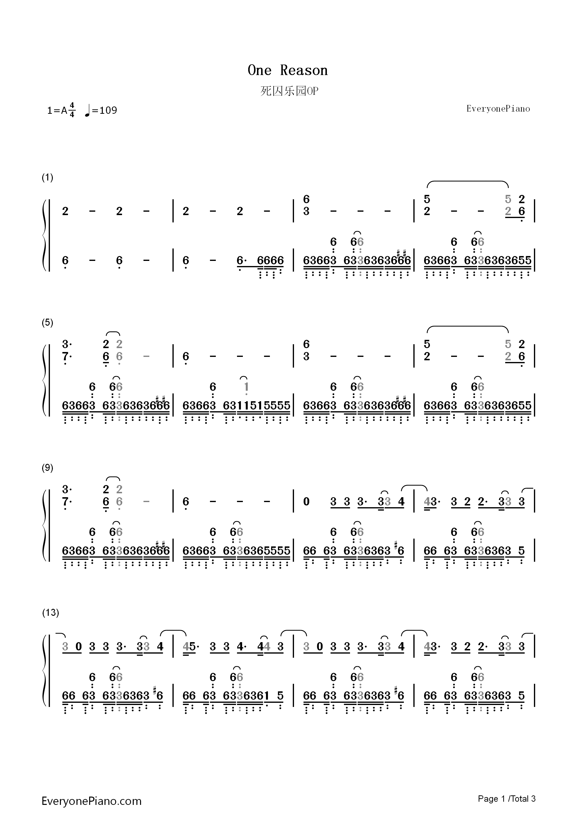 One_Reason钢琴简谱_fade演唱