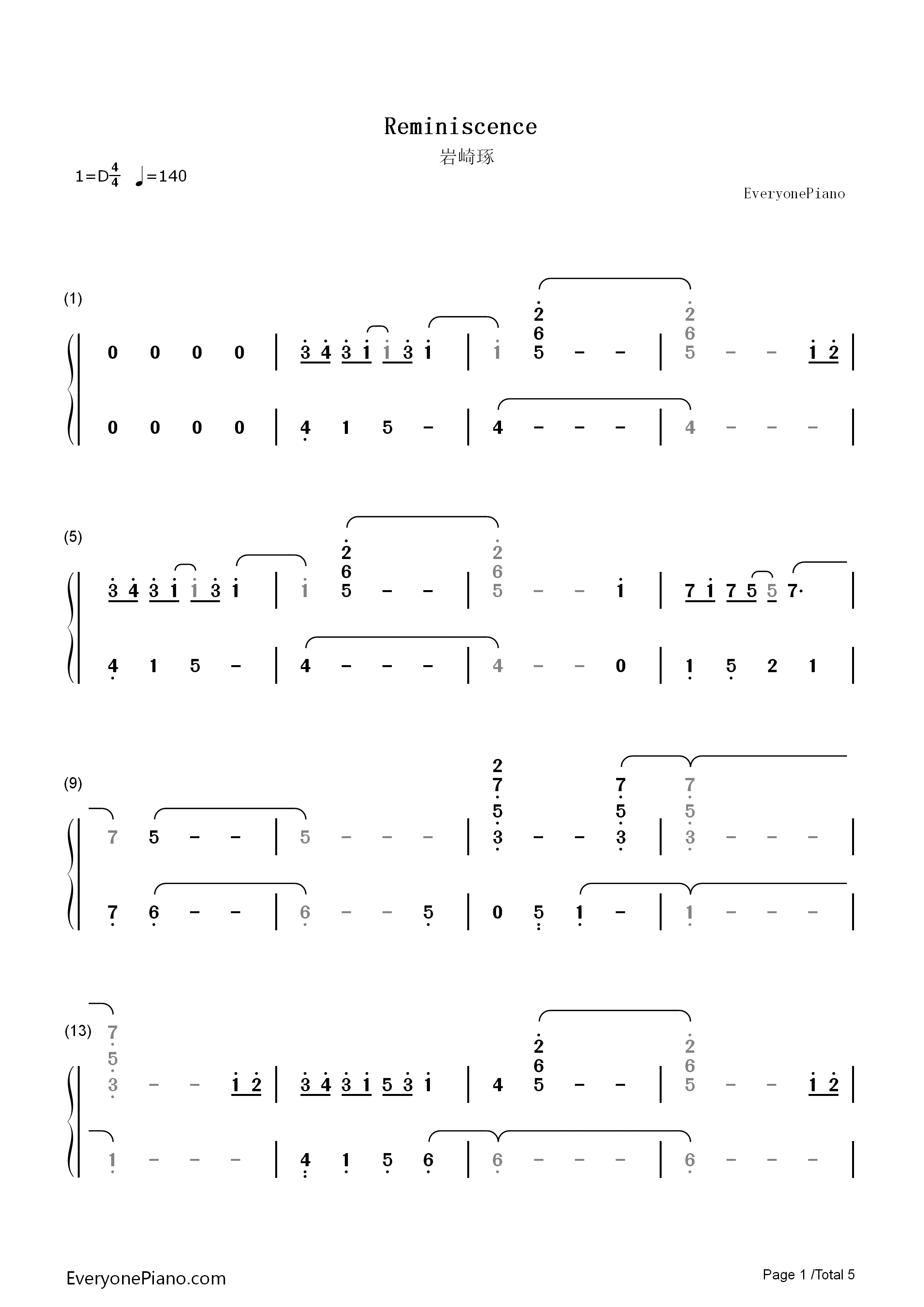 Reminiscence钢琴简谱_岩崎琢演唱