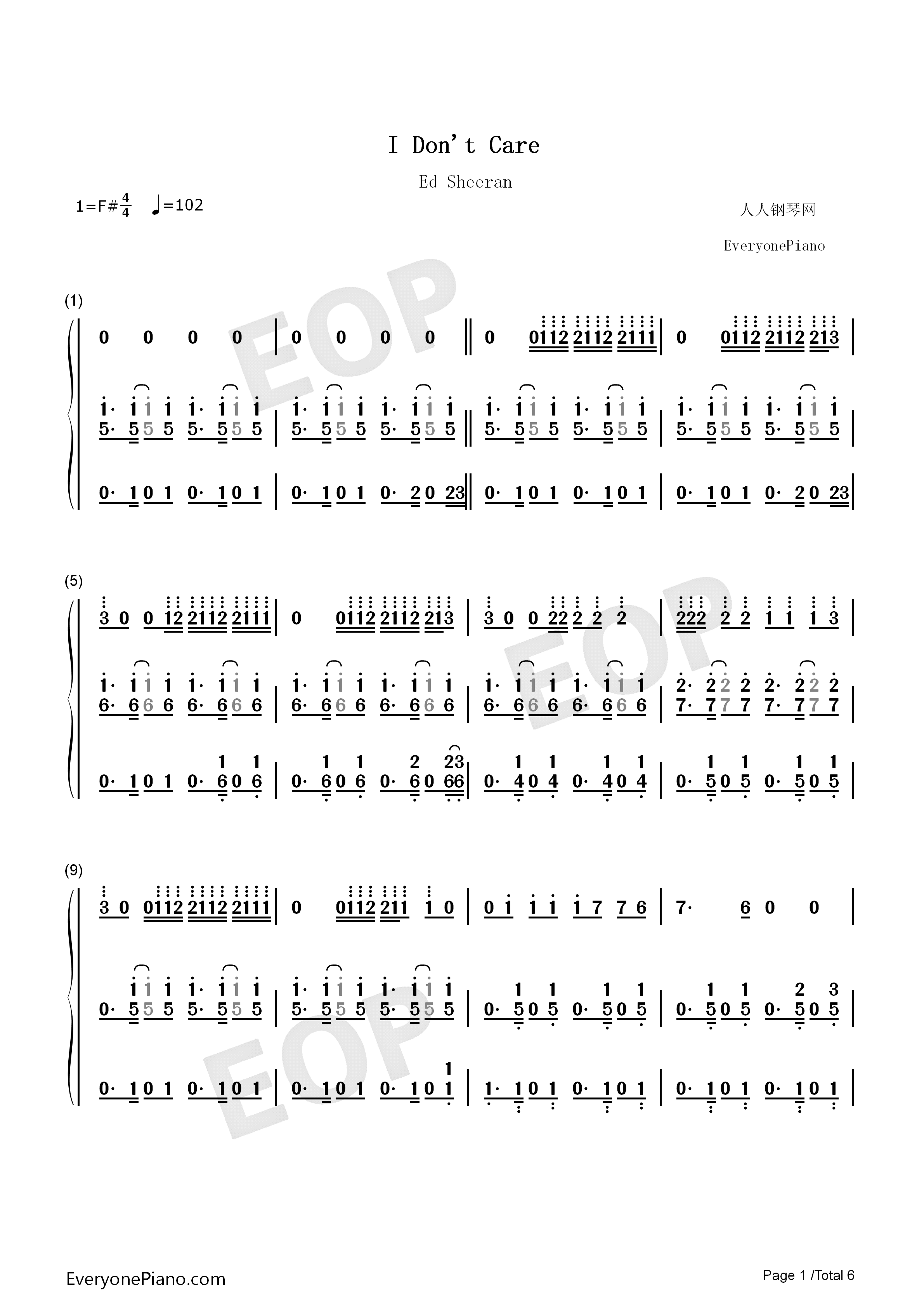 I_Dont_Care钢琴简谱_Ed_Sheeran_Justin_Bieber演唱
