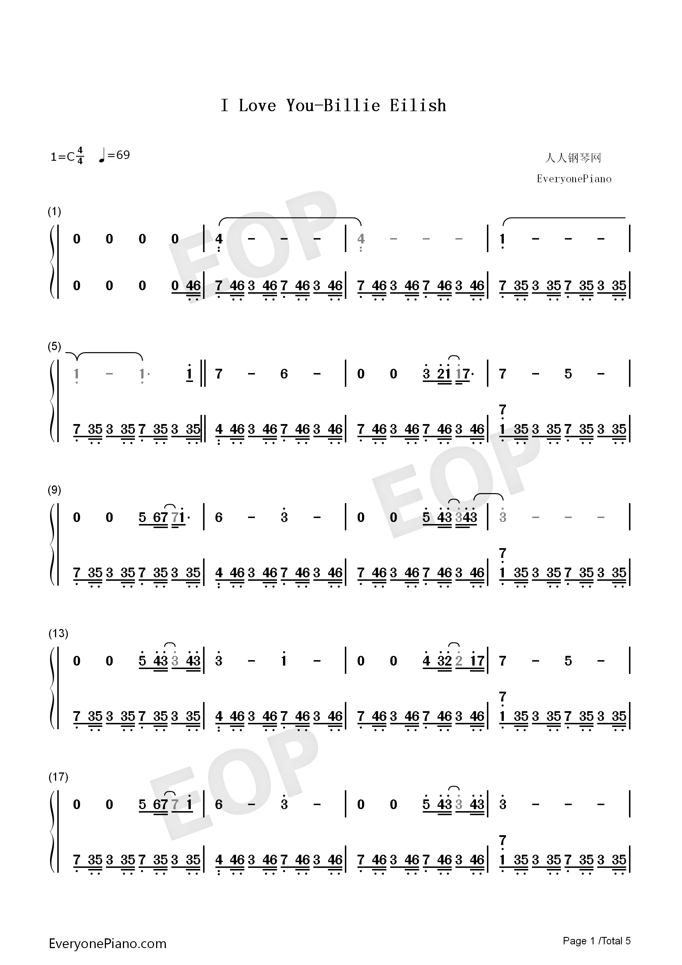 I_Love_You钢琴简谱_Billie_Eilish演唱