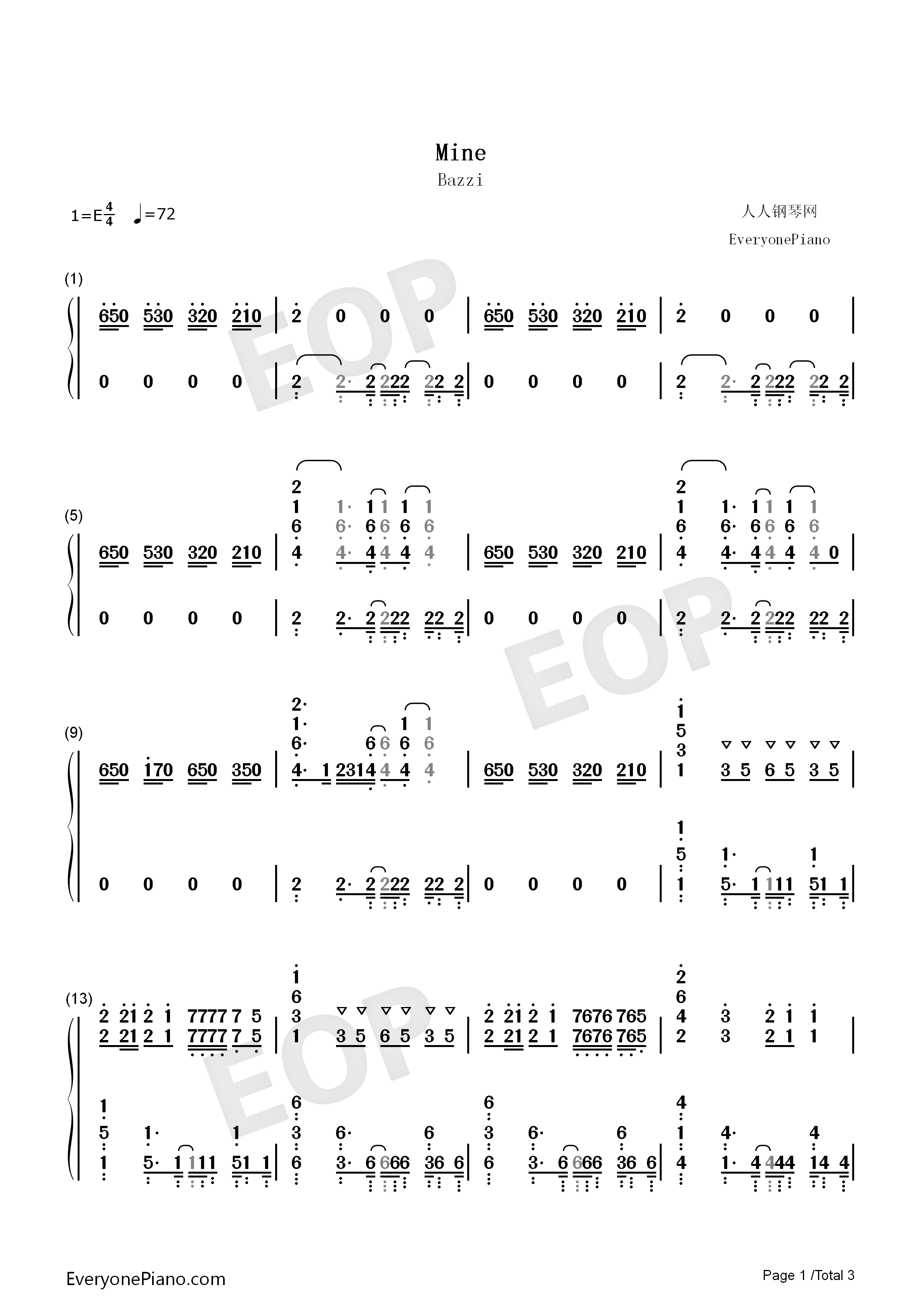 Mine钢琴简谱_Bazzi演唱