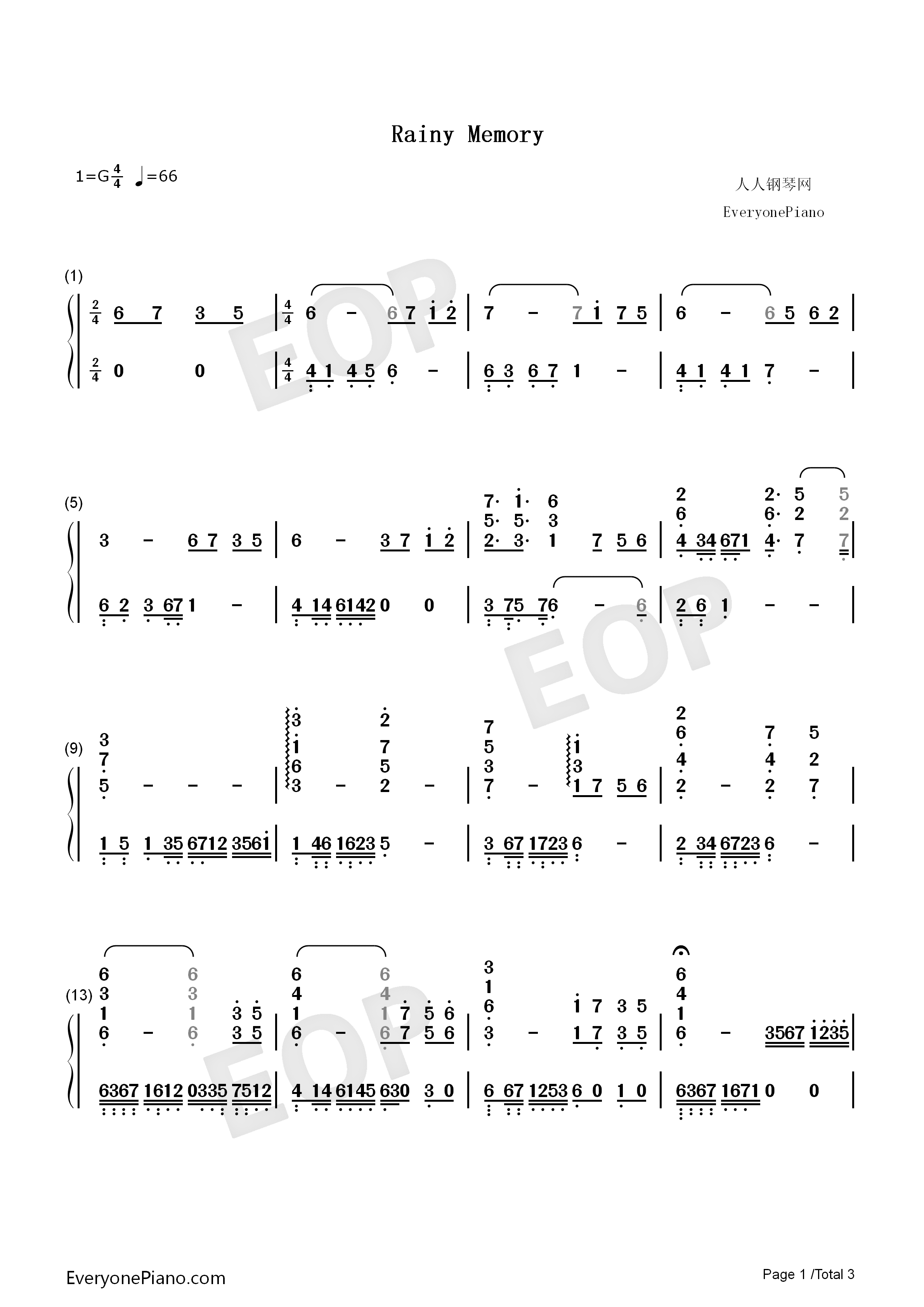 Rainy_Memory钢琴简谱_Rabpit演唱
