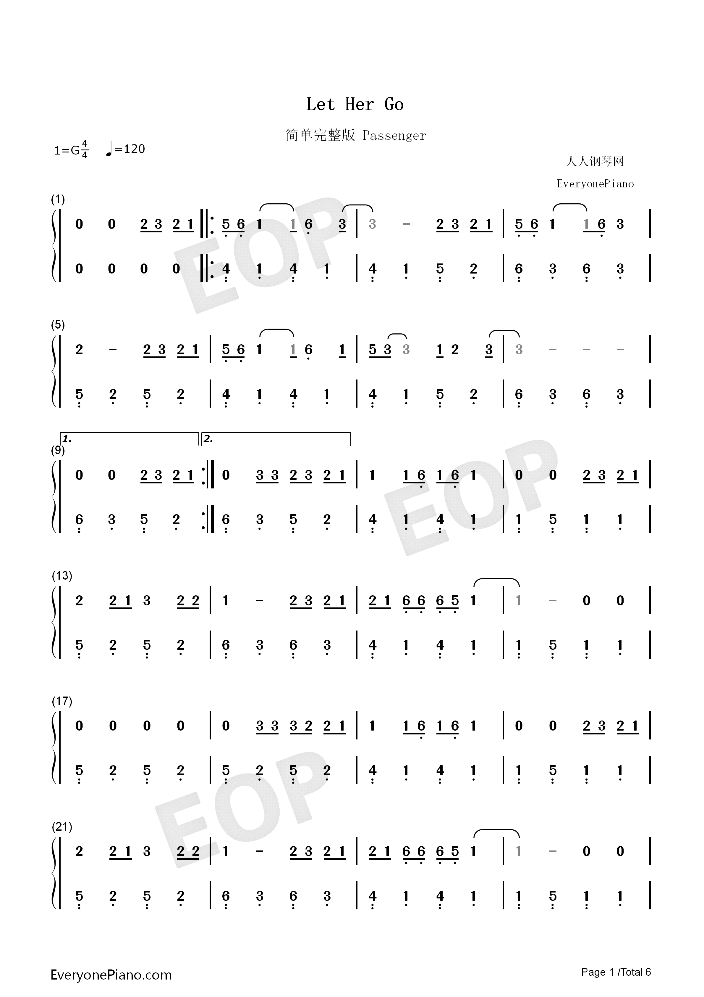 Let_Her_Go钢琴简谱_Passenger演唱