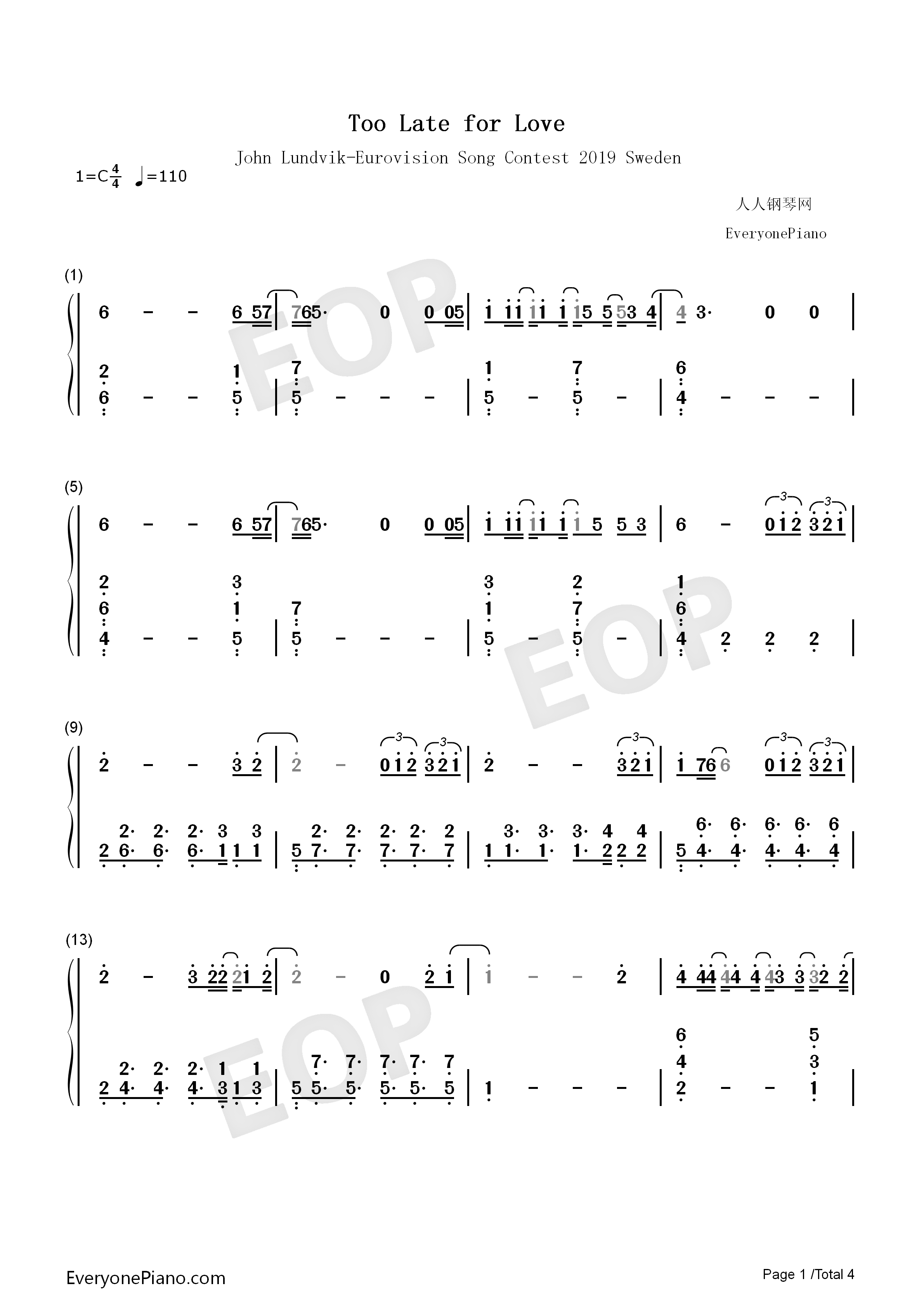 Too_Late_for_Love钢琴简谱_John_Lundvik演唱