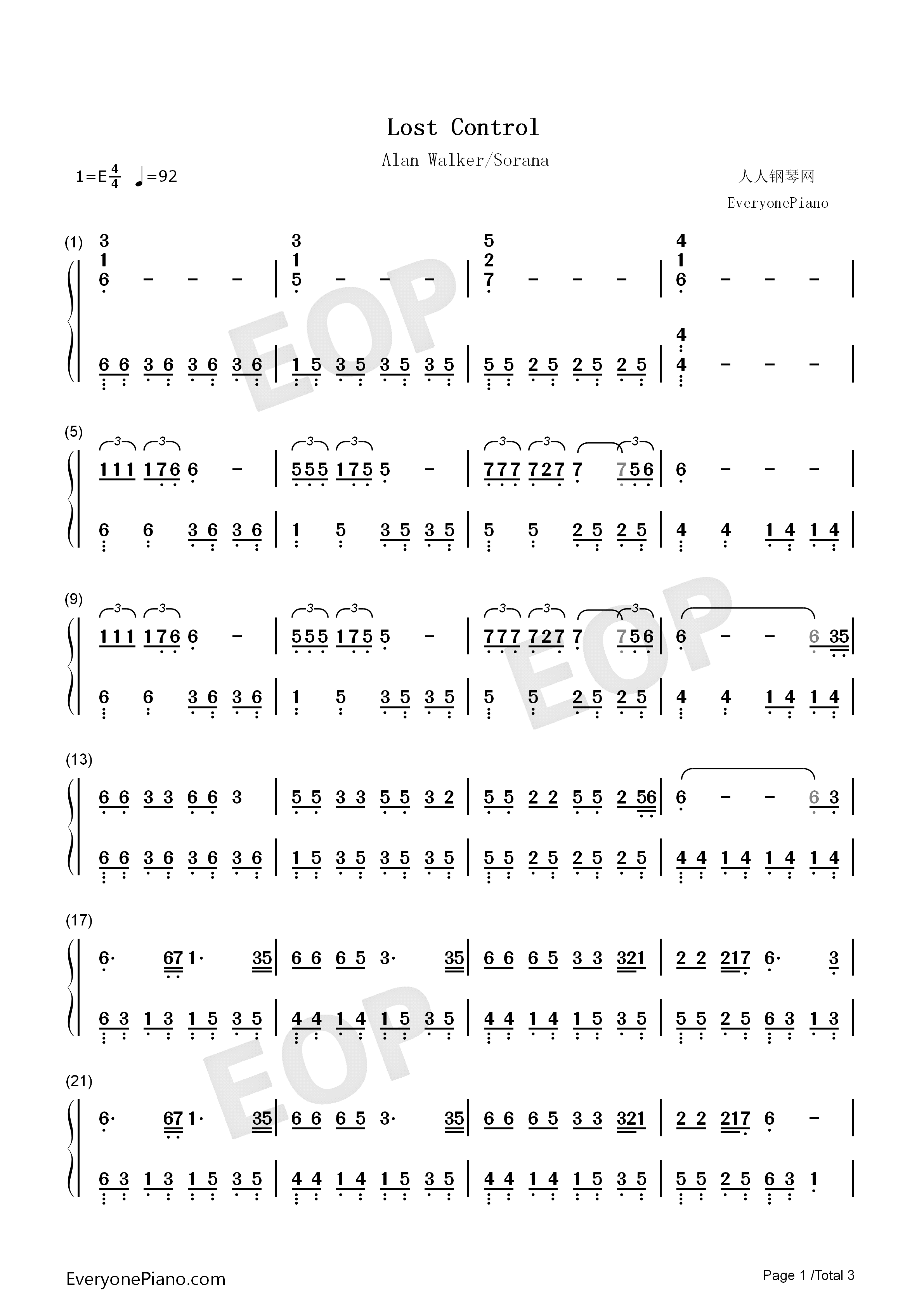 Lost_Control钢琴简谱_Alan_Walker_Sorana演唱