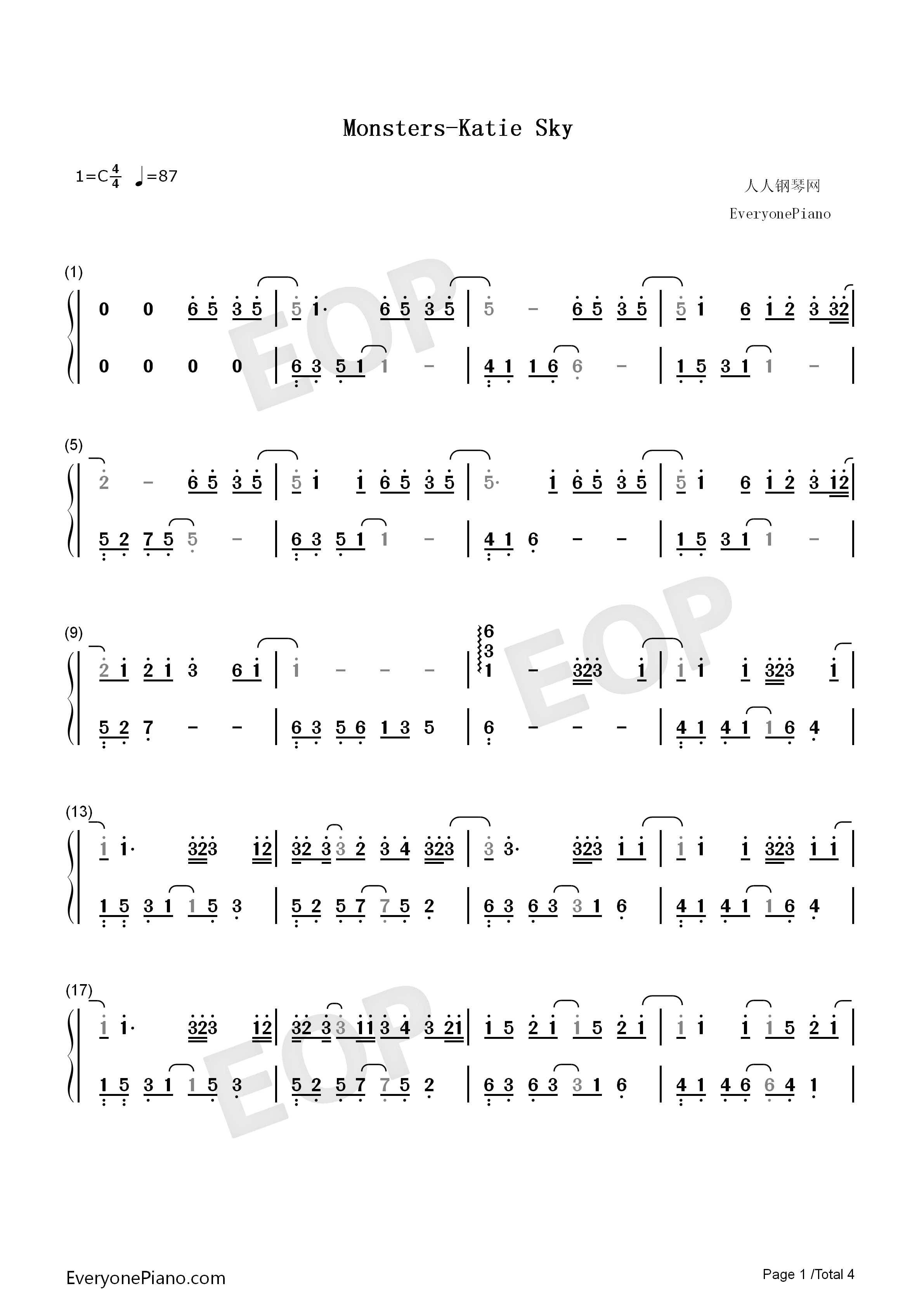 Monsters钢琴简谱_Katie_Sky演唱