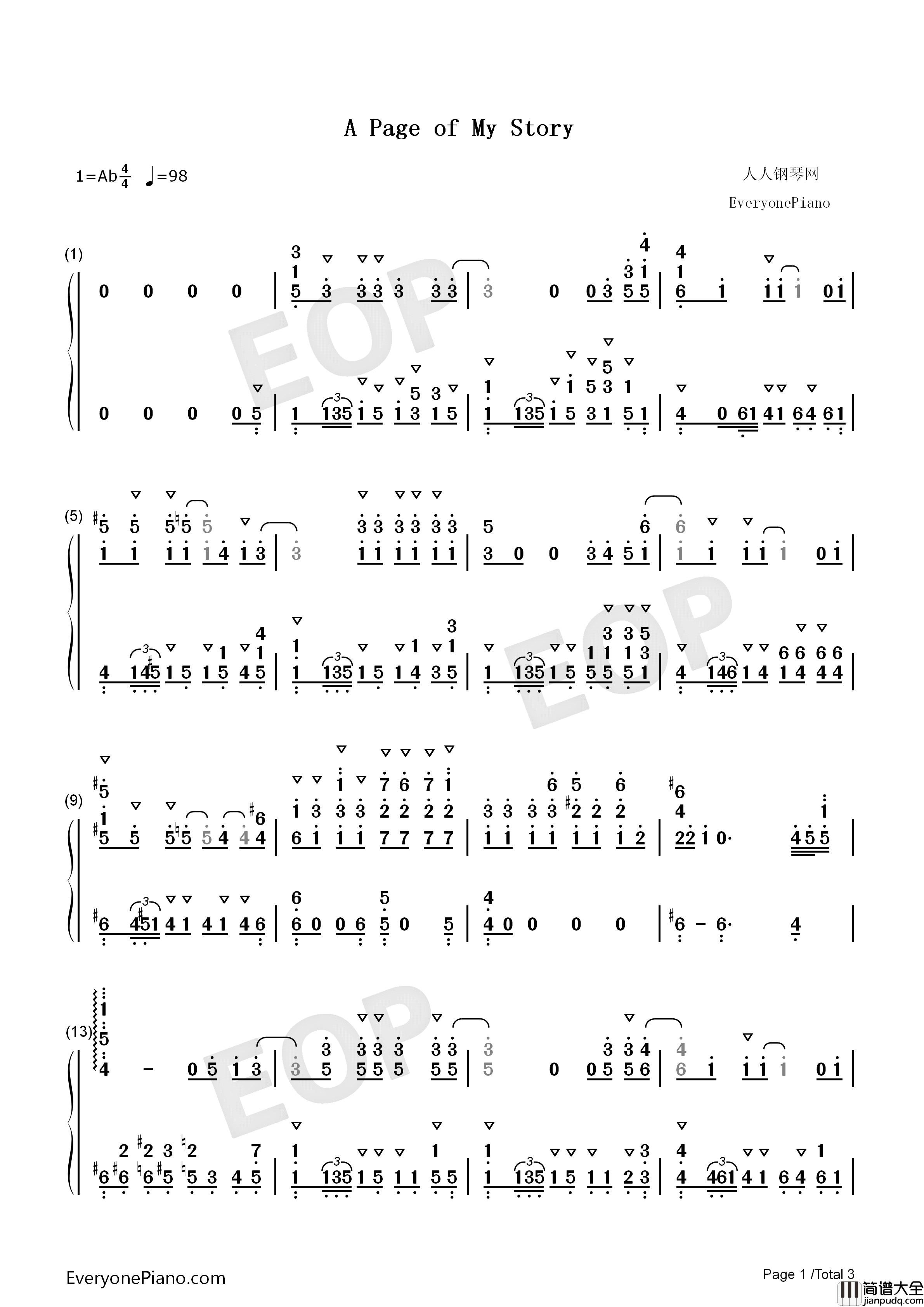 A_Page_of_My_Story钢琴简谱_今村彩夏_关根明良_大地叶_影山灯_古木望演唱