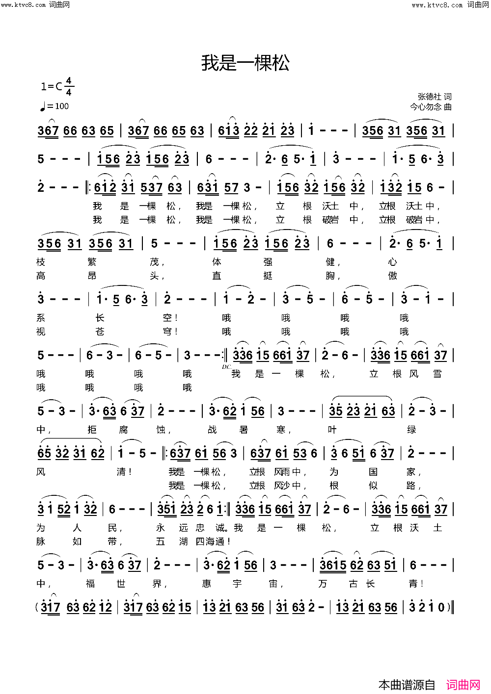我是一棵松简谱_今心勿念曲谱