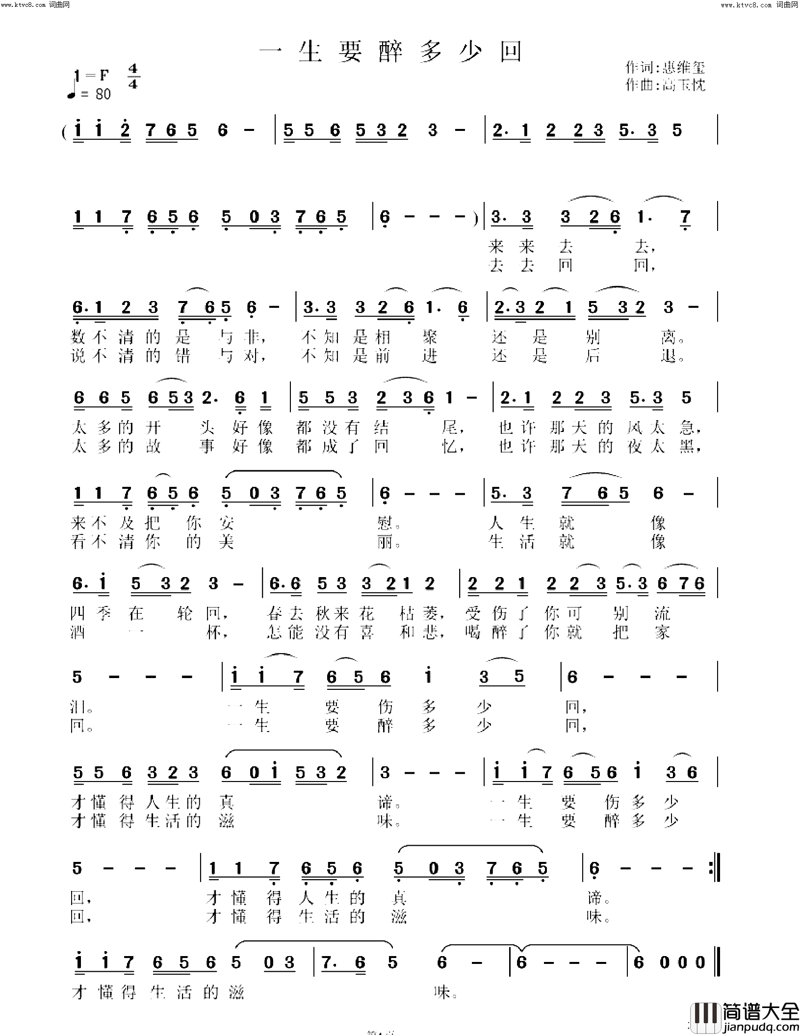 一生要醉多少回简谱_高玉忱曲谱