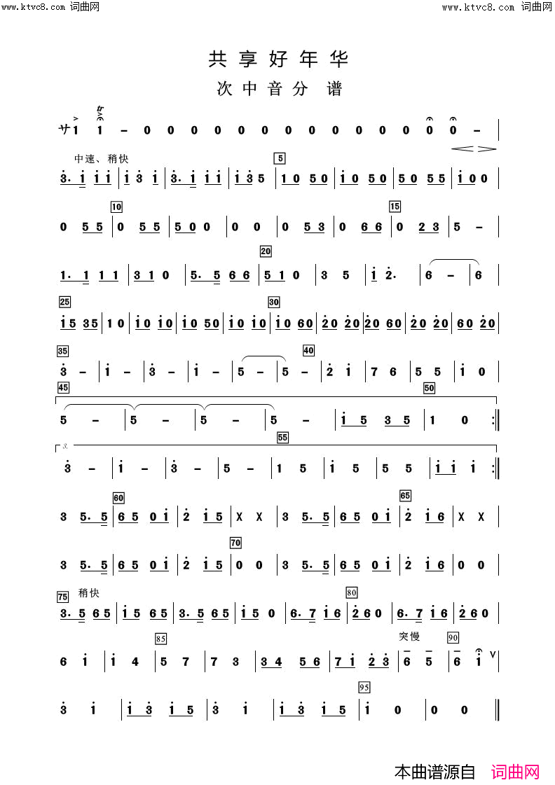 共享好年华(歌曲伴奏分谱)简谱_阿浩爱歌曲谱