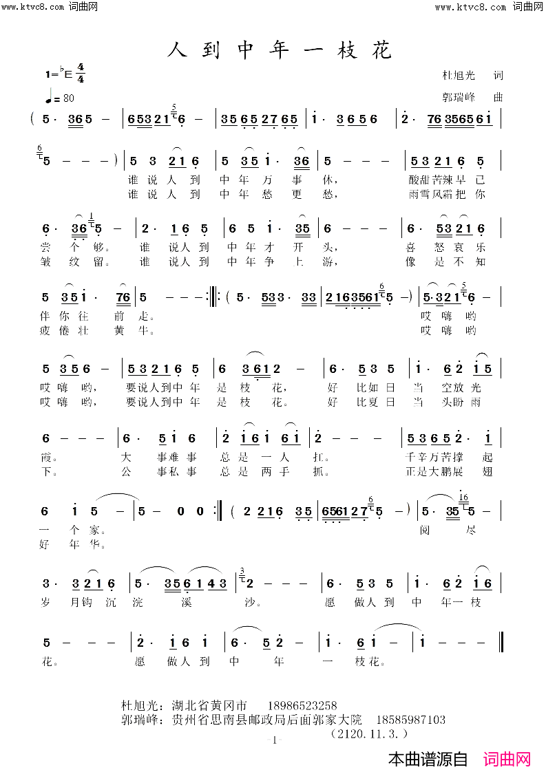 人到中年一枝花简谱_杜旭光曲谱