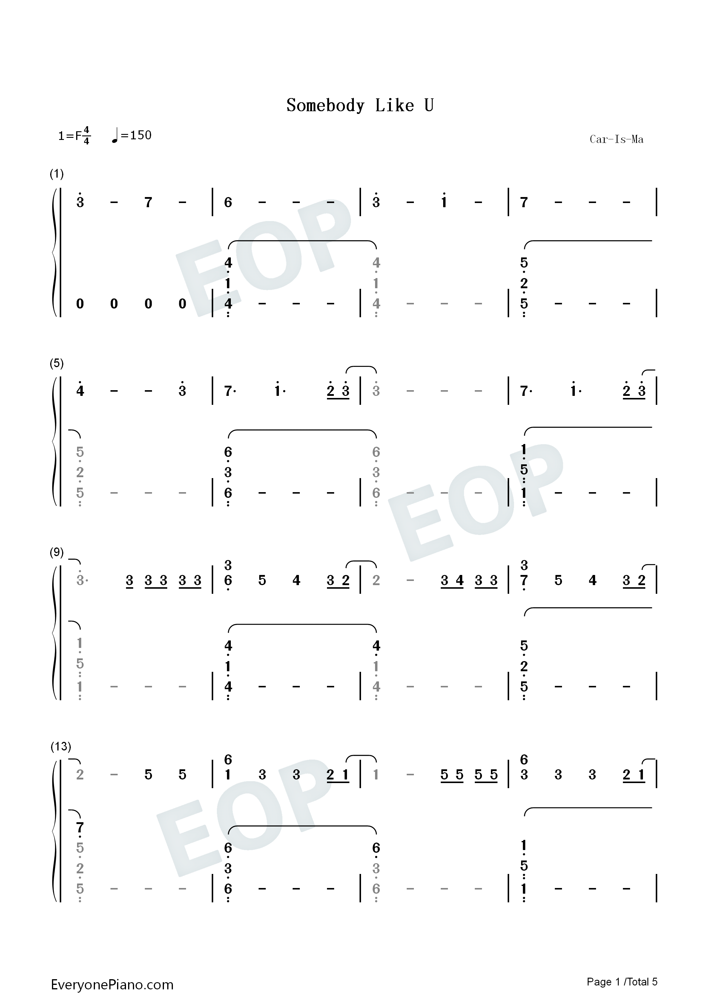 Somebody_Like_U钢琴简谱_Alan_Walker_Au/Ra演唱