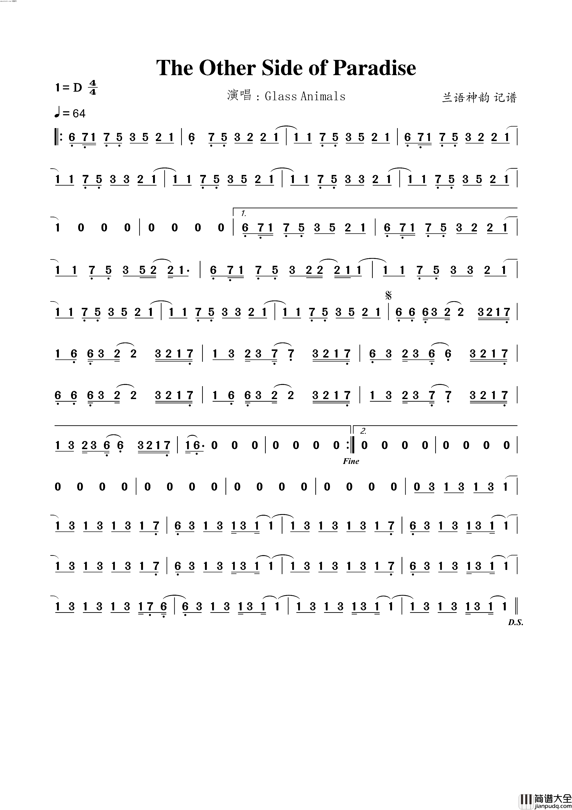 The_Other_Side_Of_Paradise简谱_GlassAnimals演唱_兰语神韵曲谱