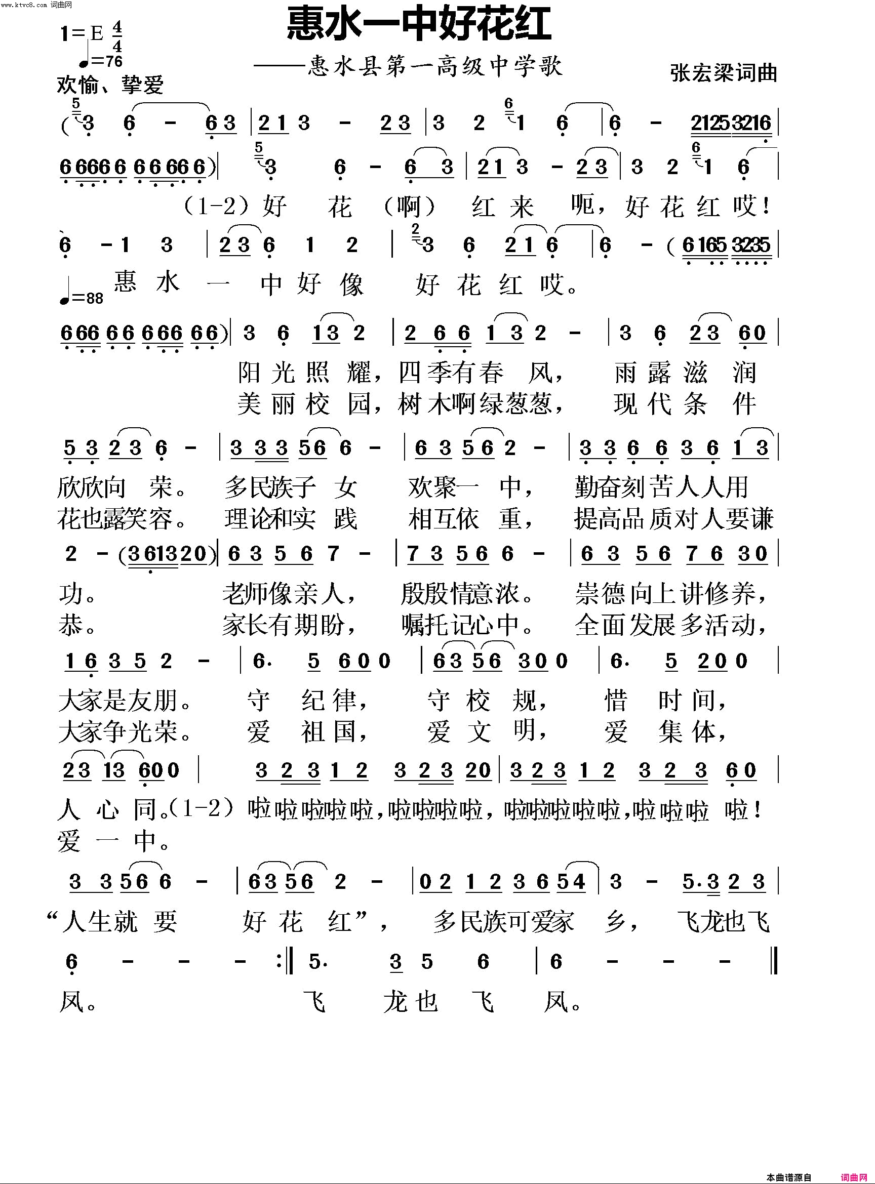 惠水一中好花红(贵州省惠水县第一高级中学校歌投稿)简谱_张宏梁曲谱