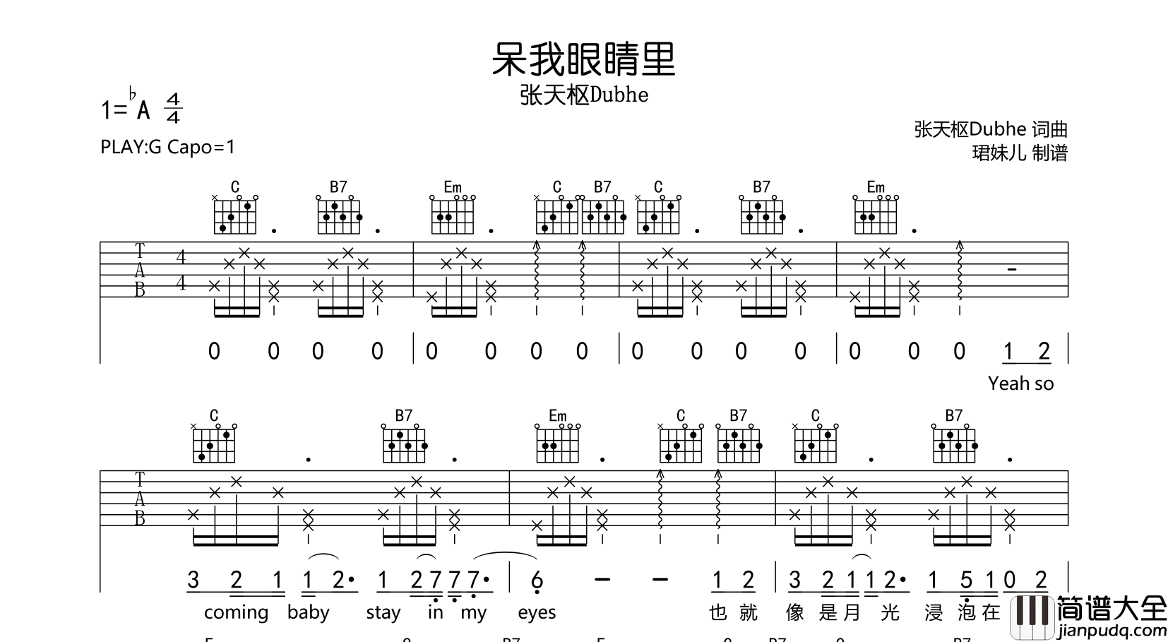 呆我眼睛里吉他谱_张天枢Dubhe_G调吉他弹唱谱