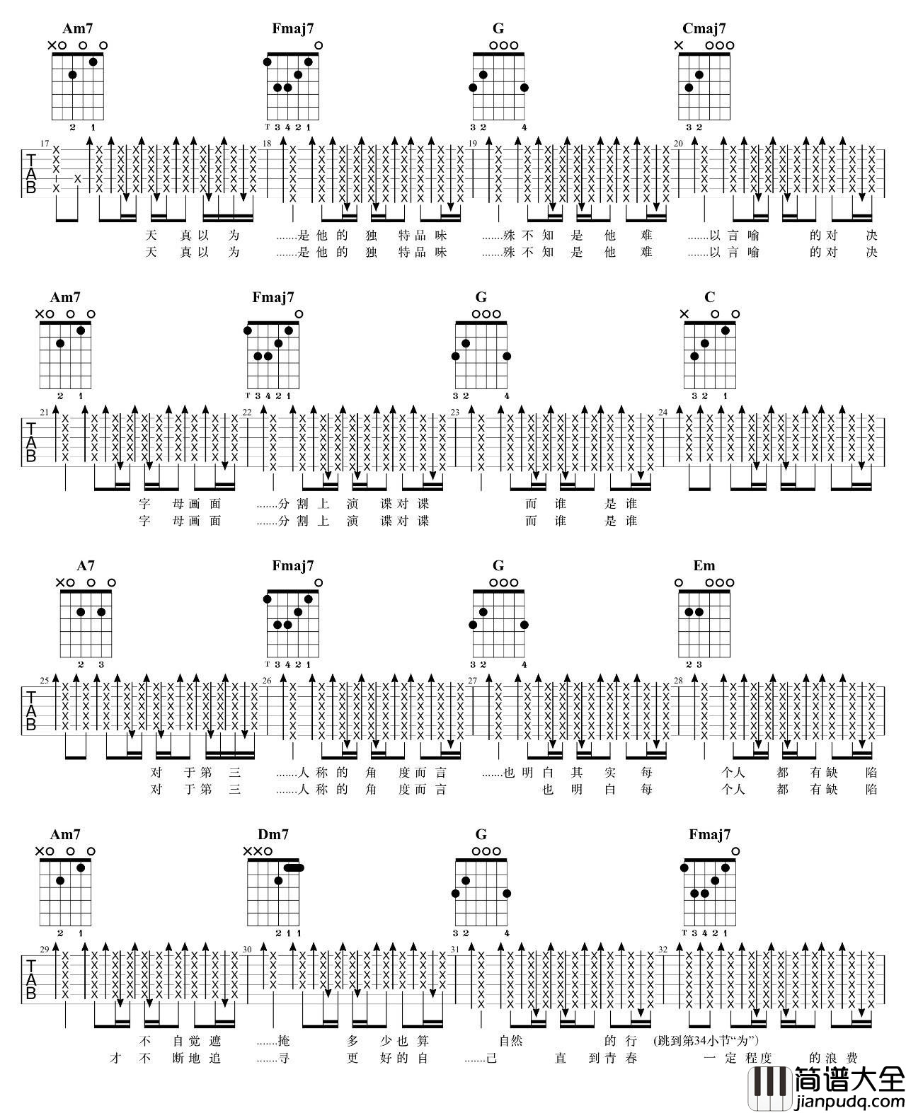 第三人称吉他谱_C调_附吉他弹唱示范视频_7T吉他编配_Hush