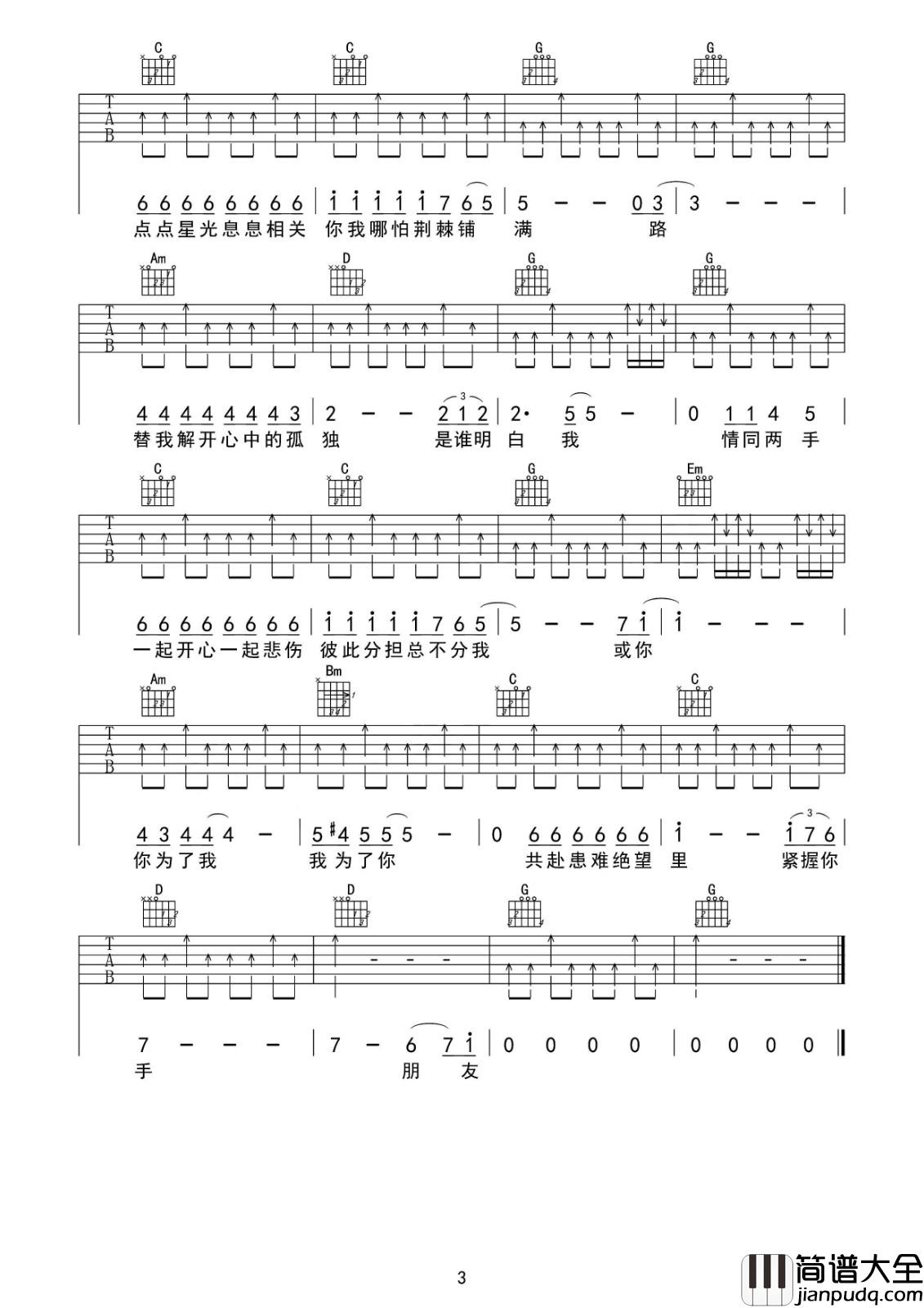 朋友吉他谱_D调六线谱_简单吉他编配_谭咏麟