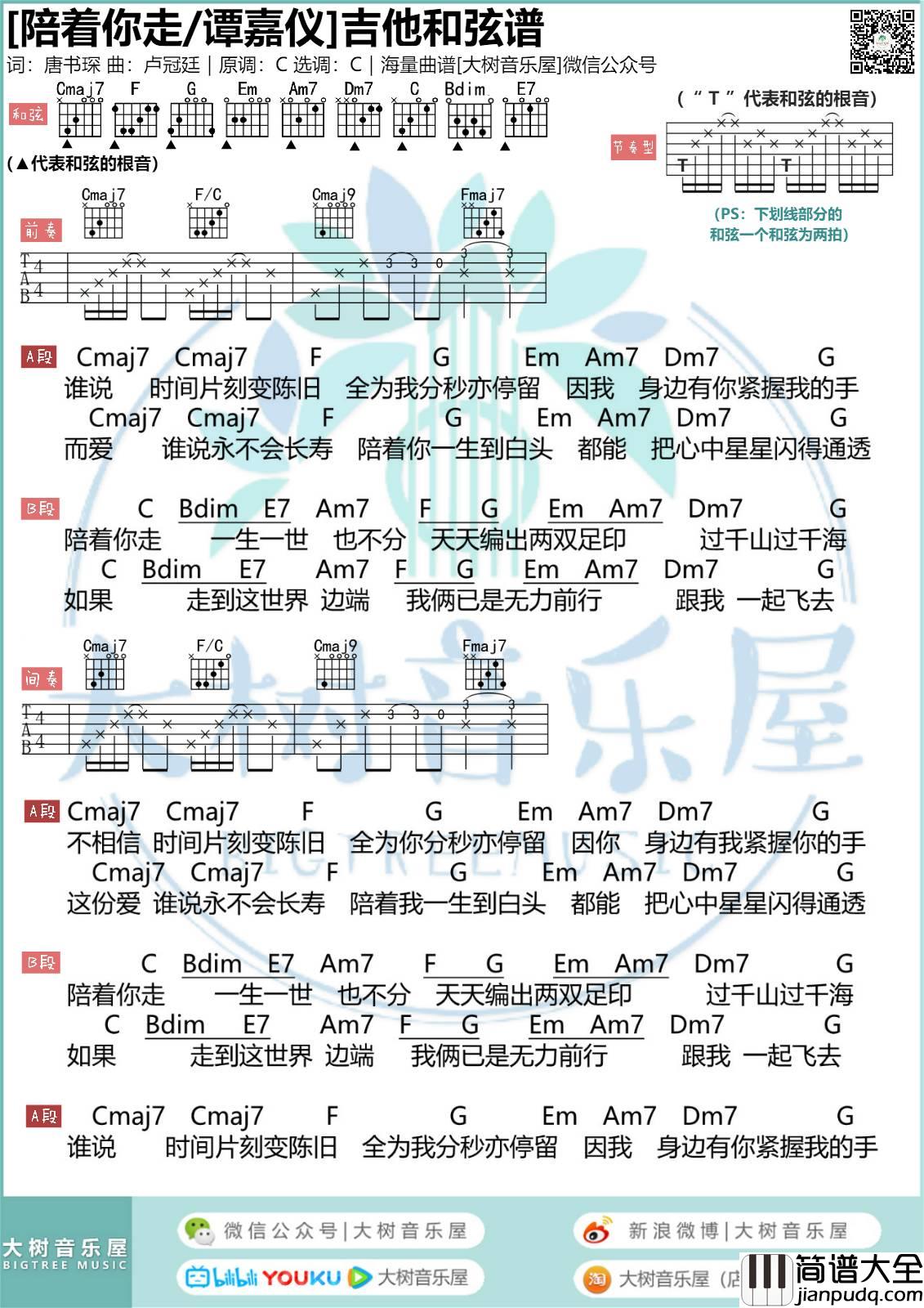 陪着你走吉他谱_C调_大树音乐屋编配_谭嘉仪