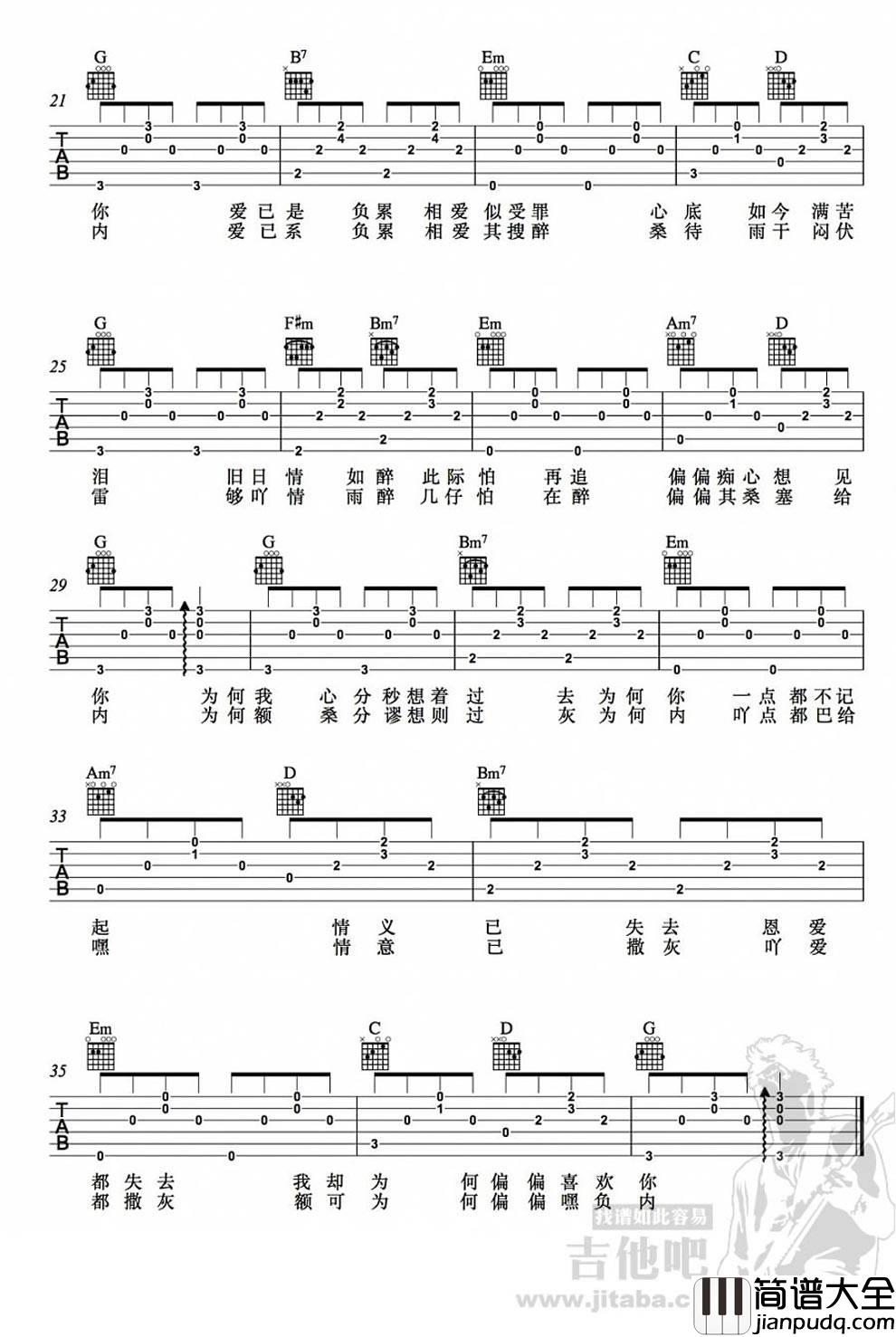 偏偏喜欢你吉他谱_G调_余成龙编配_陈百强