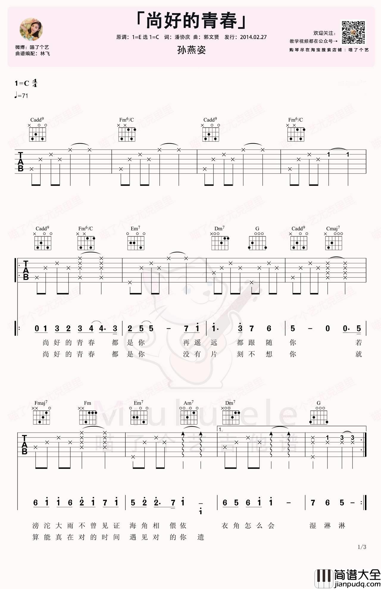 尚好的青春吉他谱_C调_喵了个艺编配_孙燕姿