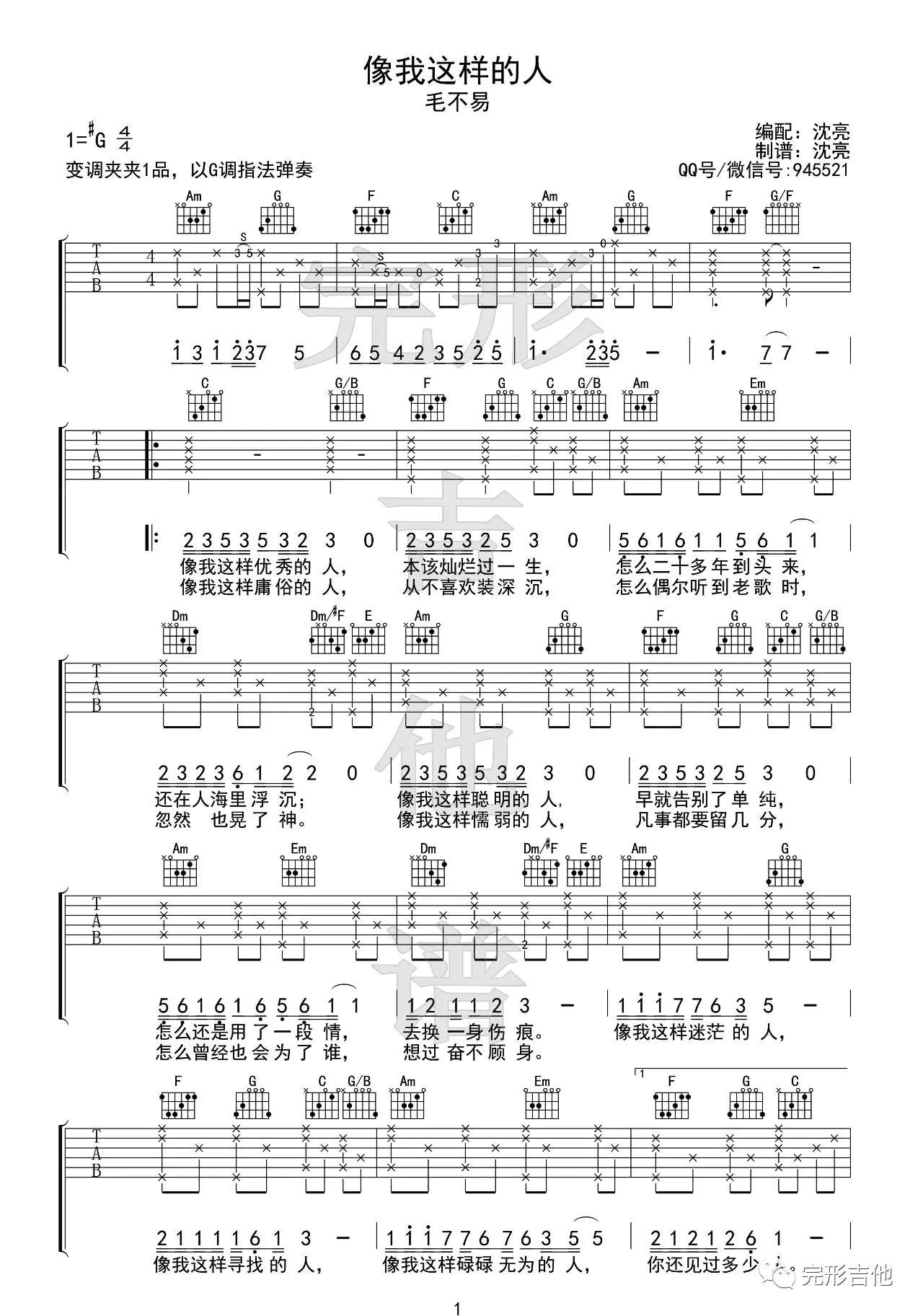 像我这样的人吉他谱_G调六线谱_完形吉他编配_毛不易
