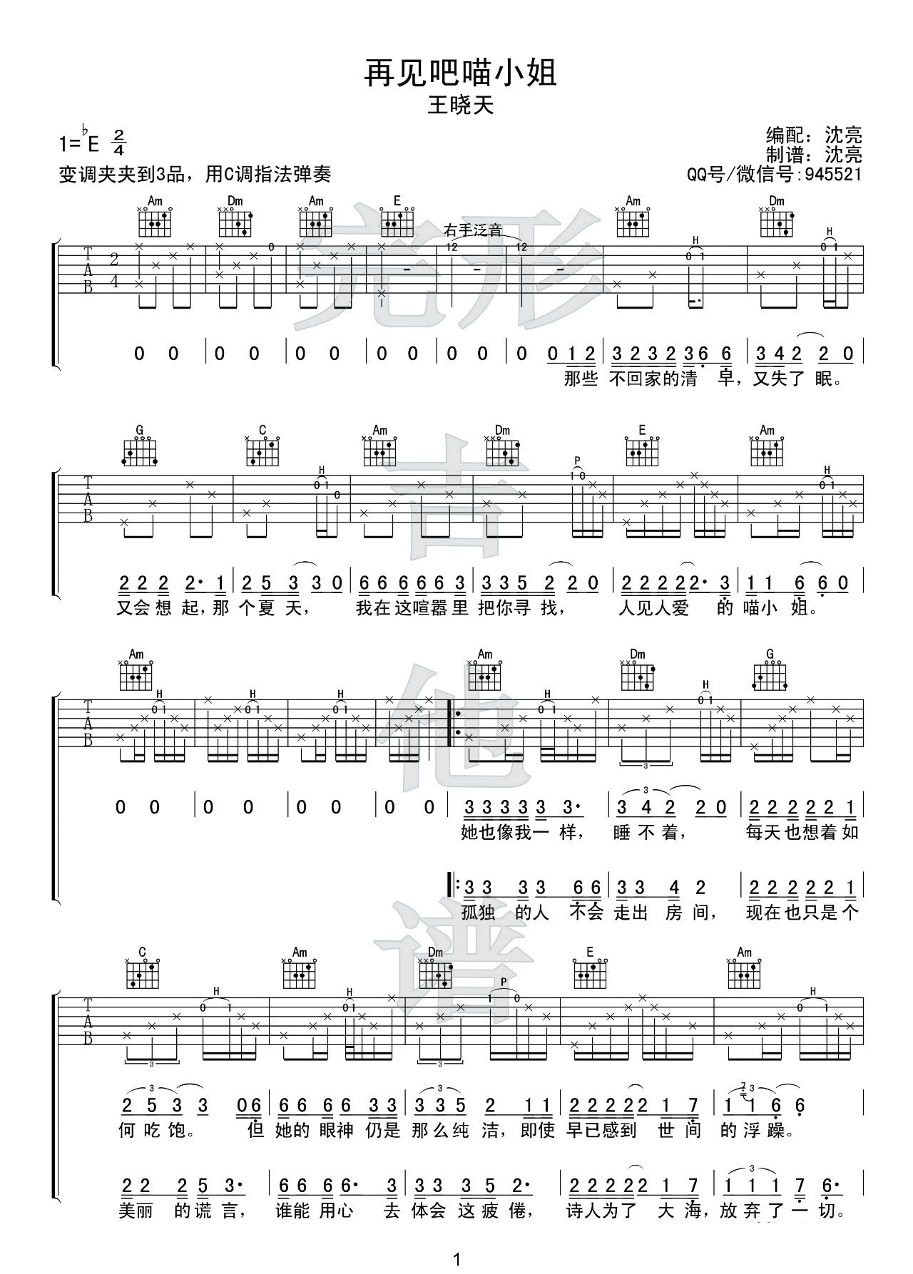 再见吧喵小姐吉他谱_E调高清版_完形吉他编配_王晓天