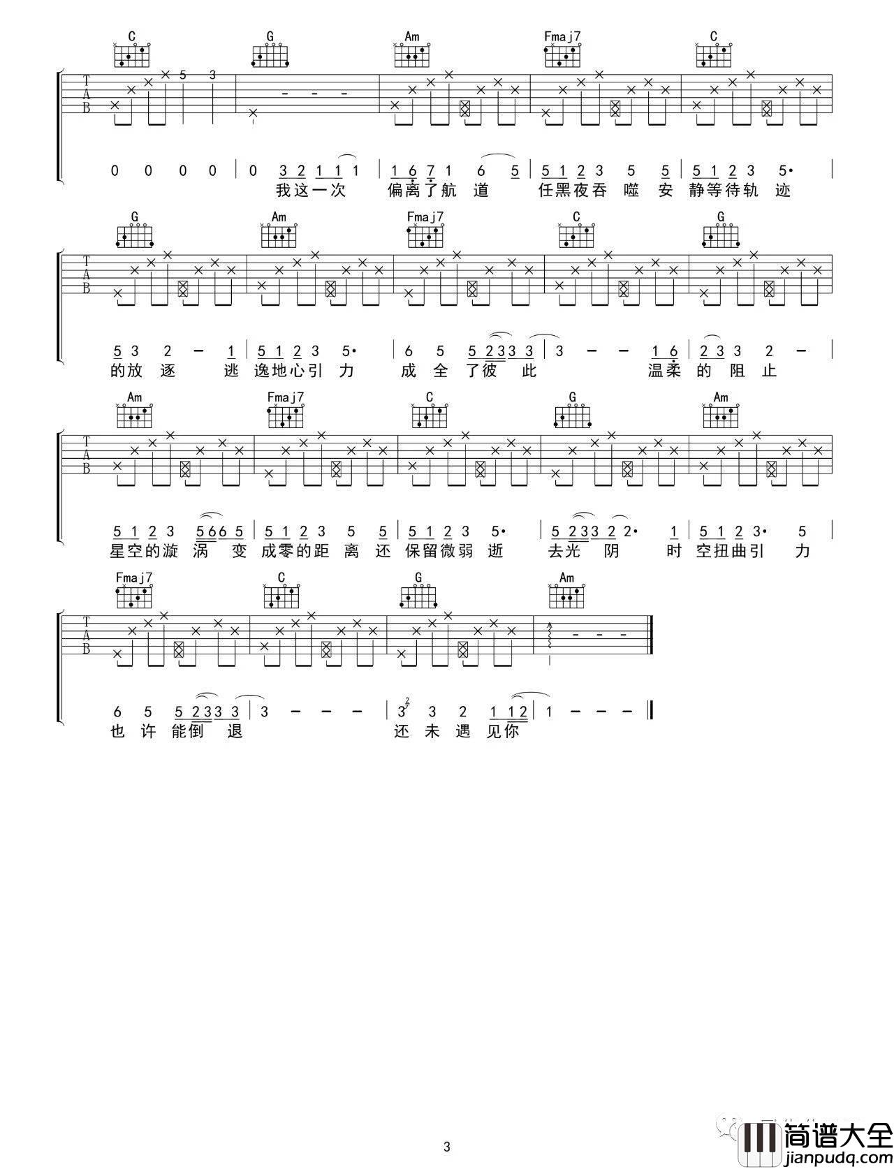 坠落星空吉他谱_C调_吴先生TAB编配_小星星Aurora