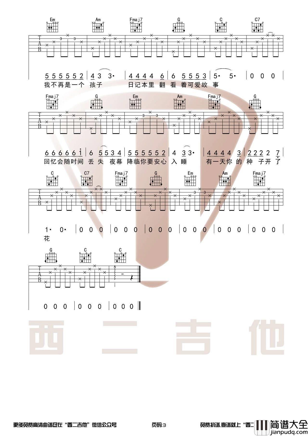 种子吉他谱_C调高清版_西二吉他编配_唐票儿