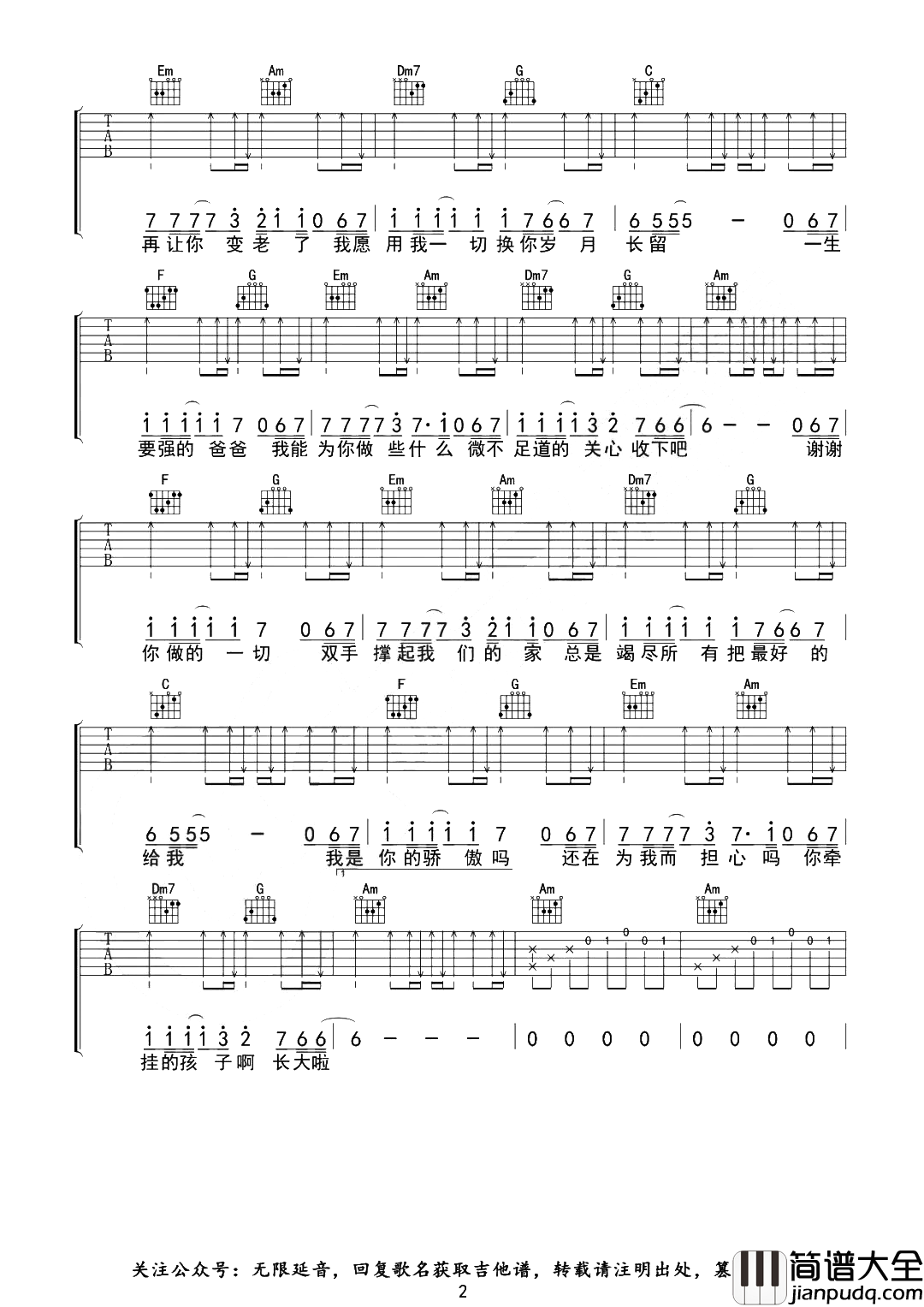 筷子兄弟_父亲_吉他谱__父亲_C调原版_附弹唱演示