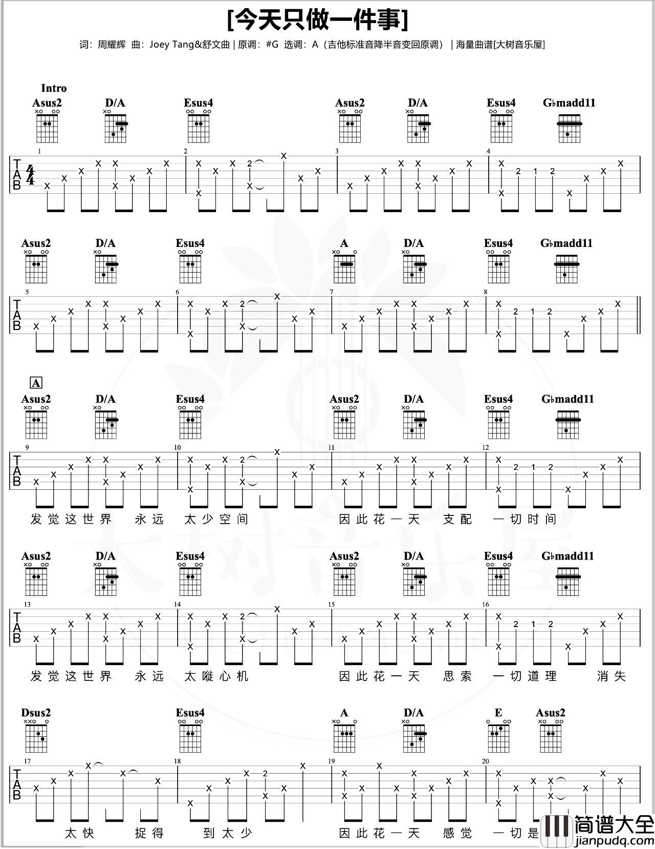 陈奕迅《今天只做一件事》吉他谱_A调版_吉他演示/教学 陈奕迅_今天只做一件事_吉他谱_A调版_吉他演示/教学