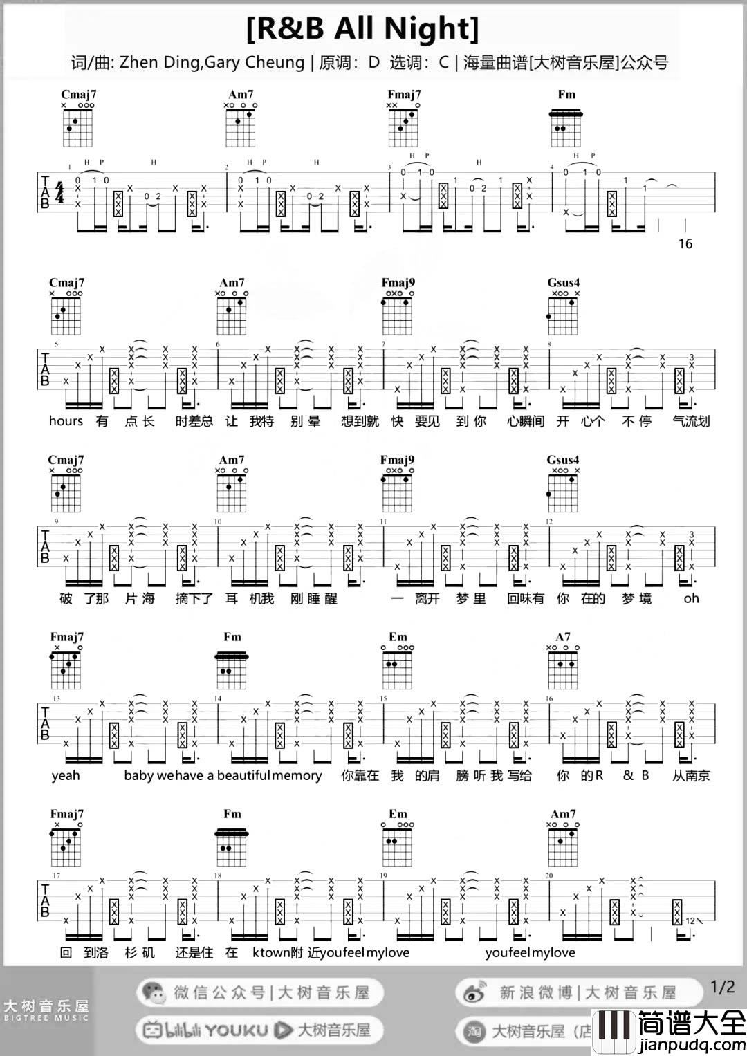 R&B_All_Night吉他谱_C调弹唱谱_吉他演示/教学视频