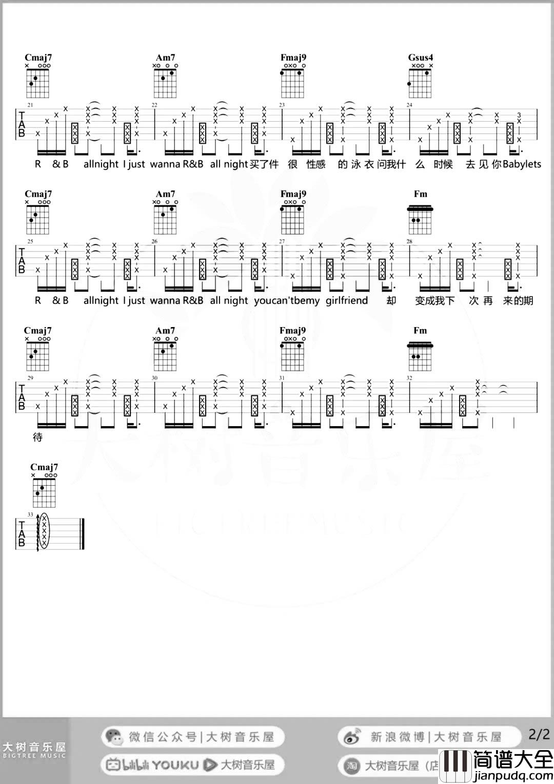R&B_All_Night吉他谱_C调弹唱谱_吉他演示/教学视频