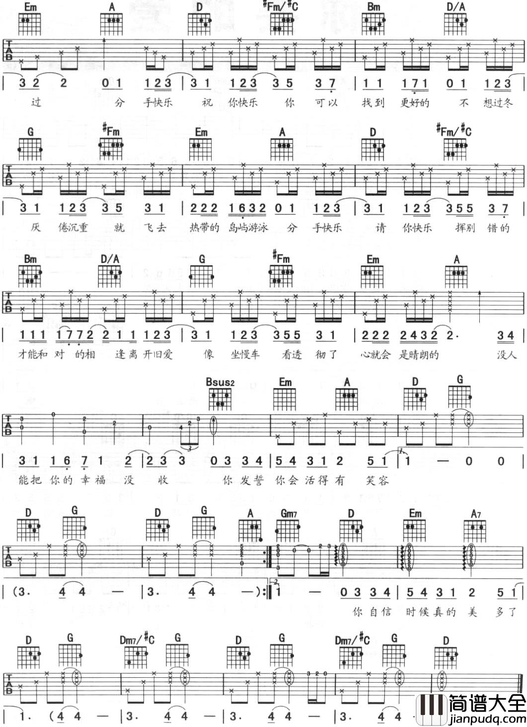 梁静茹《分手快乐》吉他谱_D调指法吉他谱 梁静茹_分手快乐_吉他谱_D调指法吉他谱