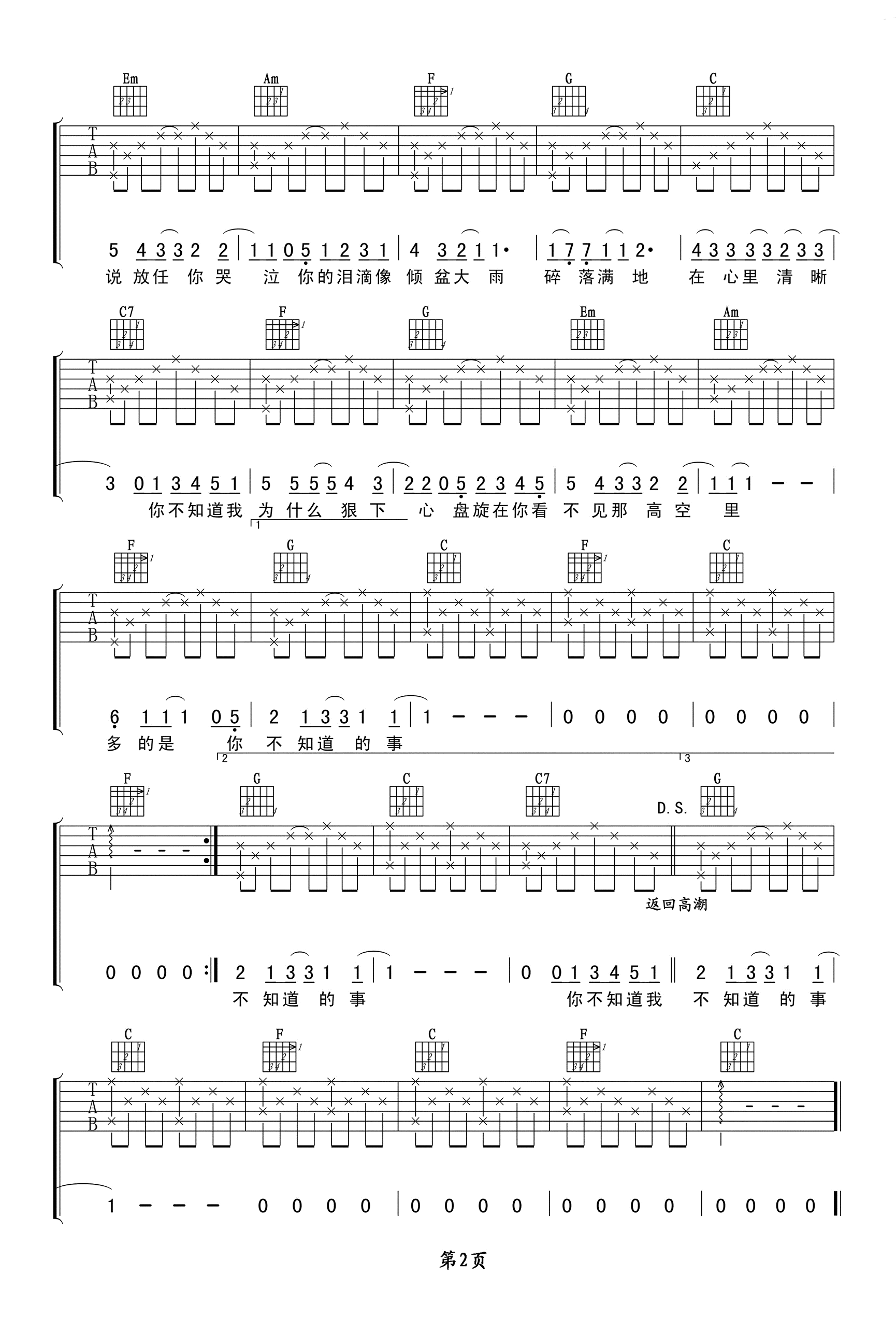 _你不知道的事_吉他谱_王力宏_C调原版六线谱_吉他弹唱谱