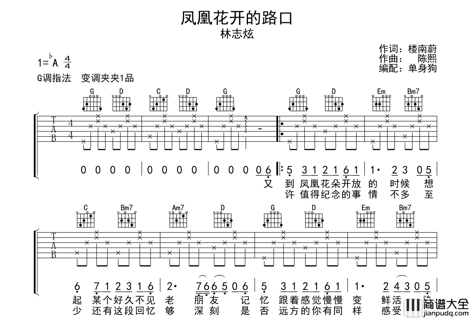 林志炫_凤凰花开的路口_吉他谱_G调吉他弹唱谱