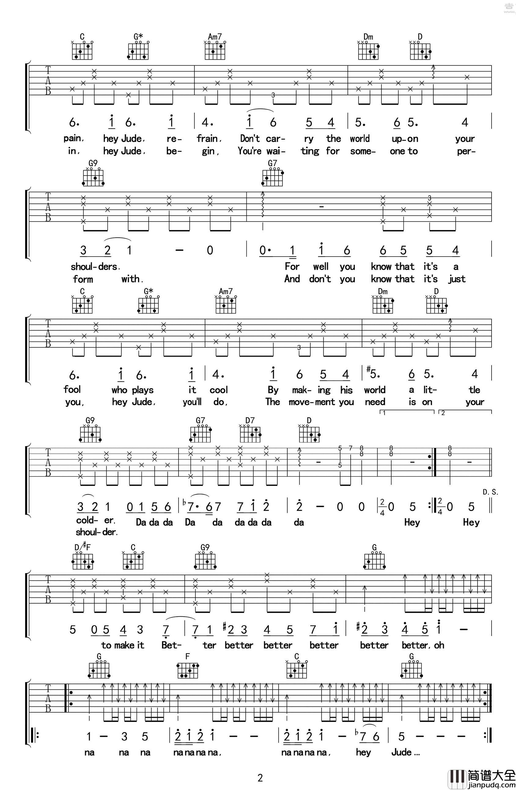 孙燕姿_Hey_Jude_吉他谱_G调吉他六线谱_经典英文歌