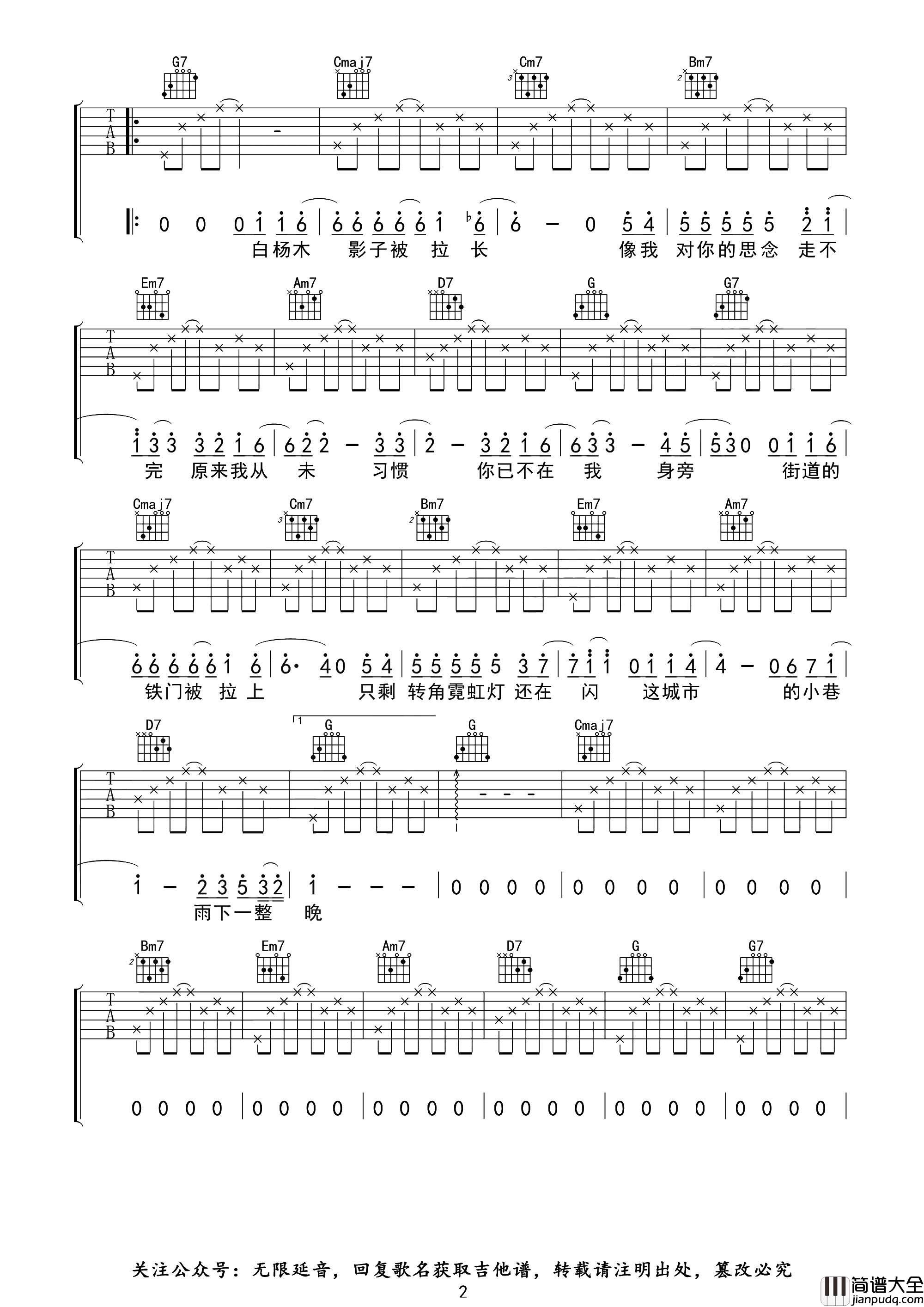 雨下一整晚吉他谱_周杰伦_C调原版六线谱_吉他弹唱谱