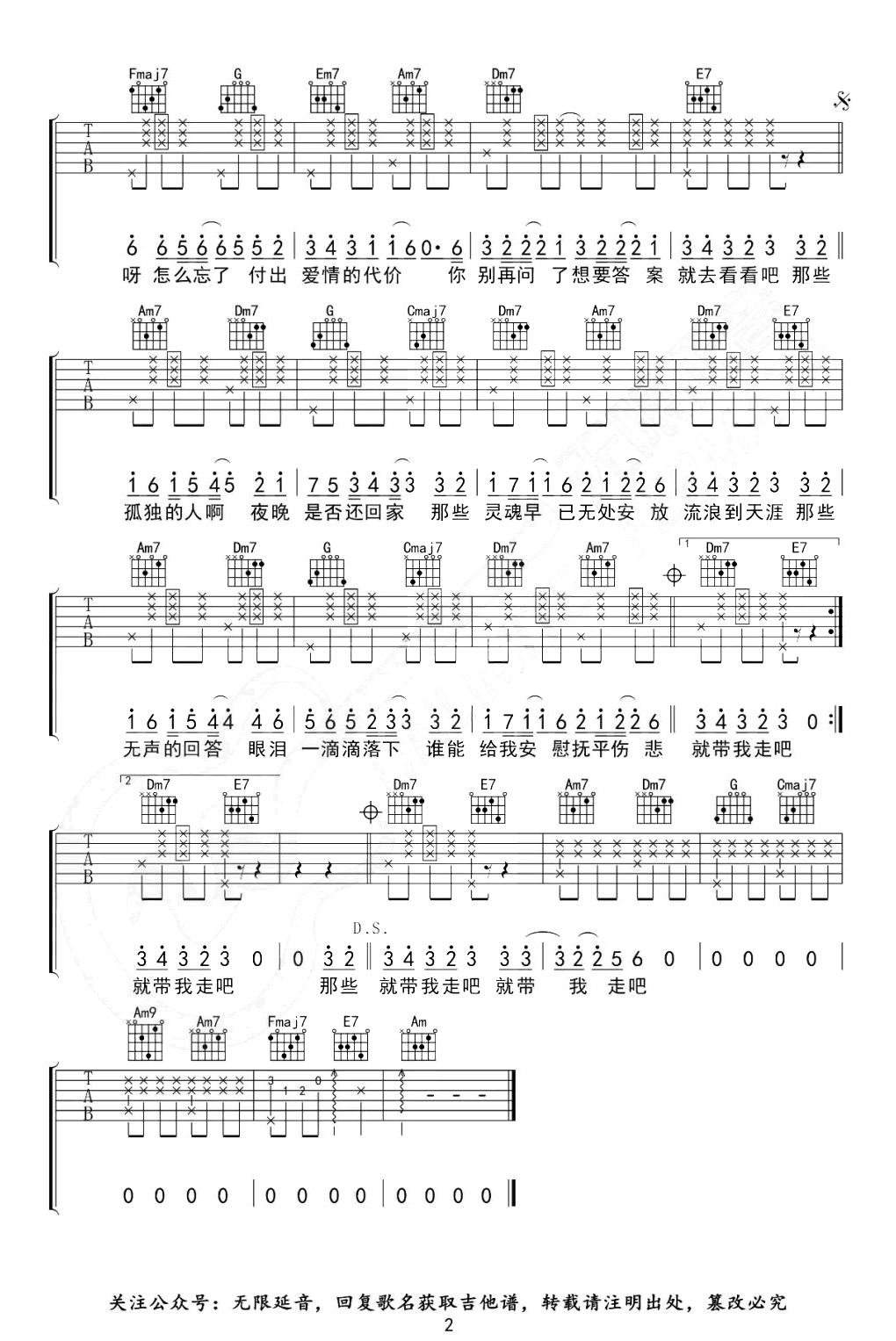 孤独颂歌吉他谱_陈文非_C调_弹唱六线谱