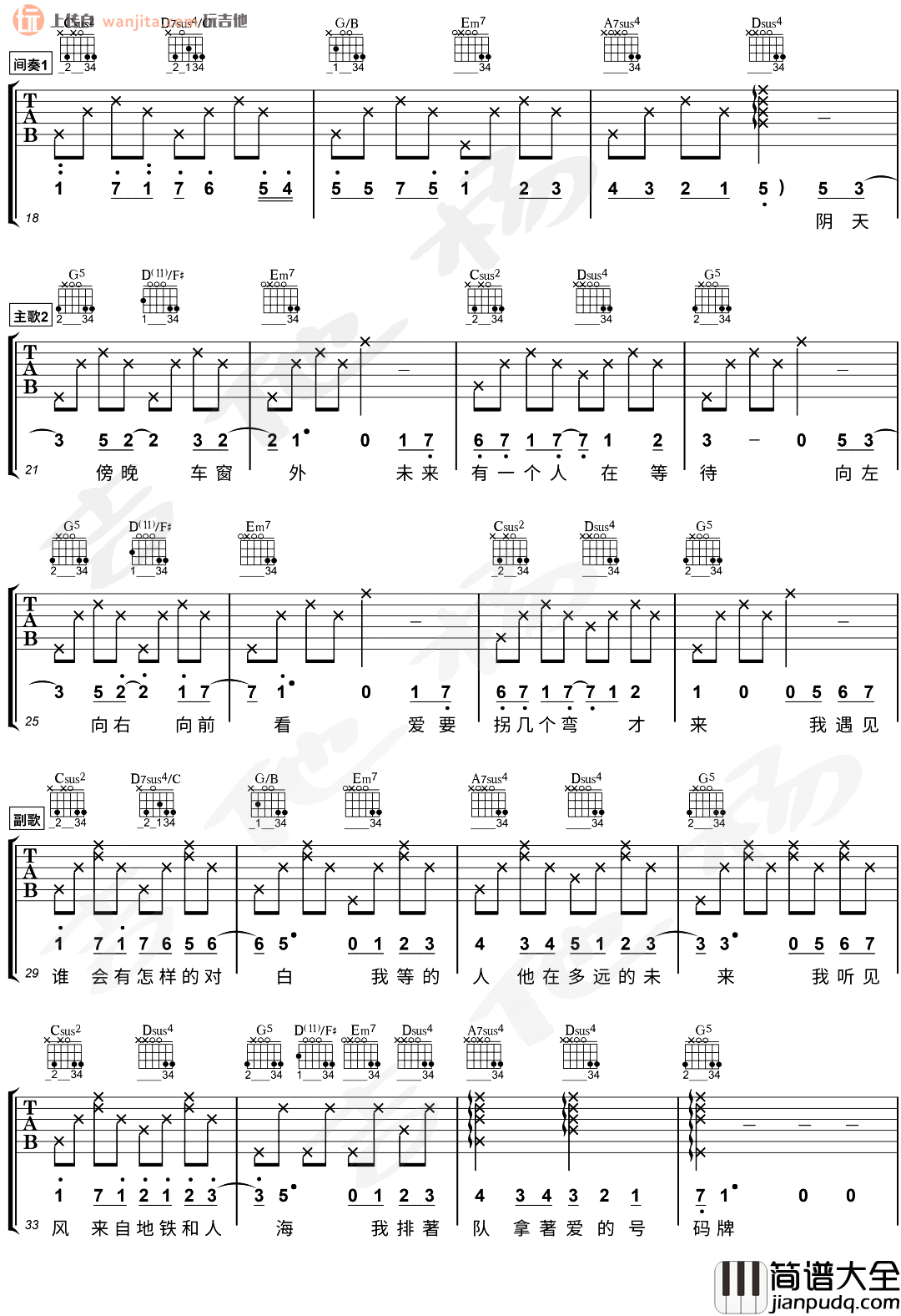 遇见吉他谱_孙燕姿_G调六线谱__遇见_吉他弹唱演示