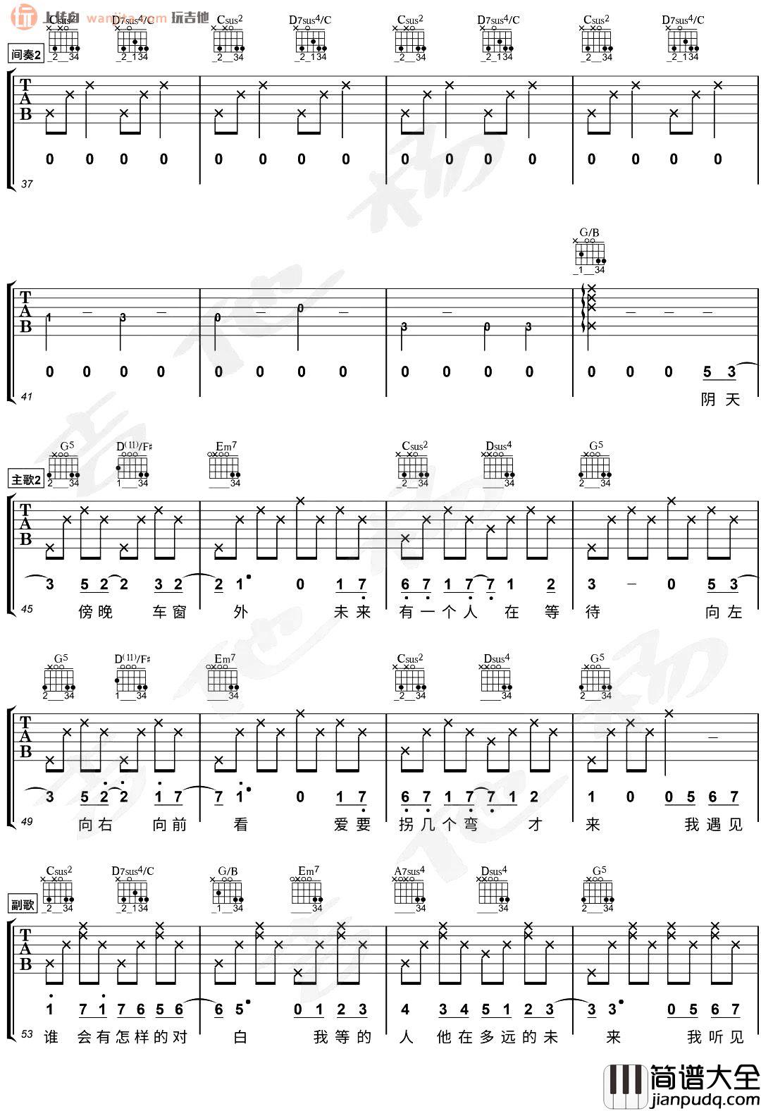 遇见吉他谱_孙燕姿_G调六线谱__遇见_吉他弹唱演示