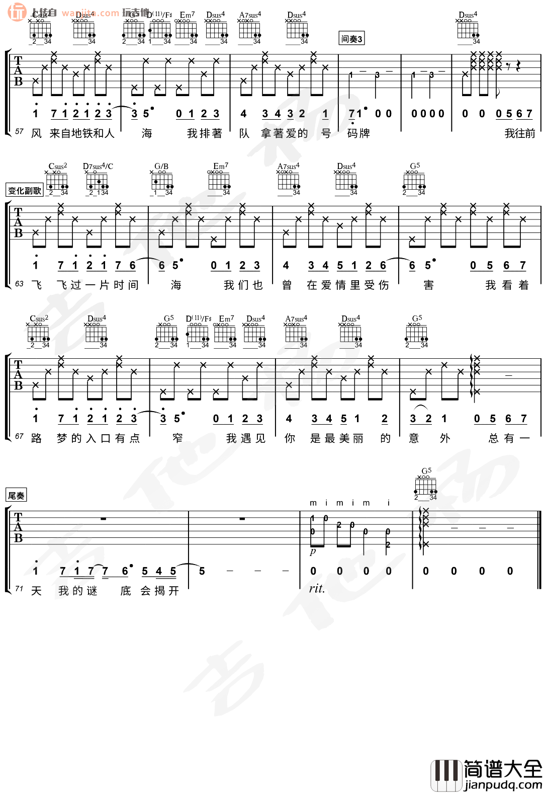 遇见吉他谱_孙燕姿_G调六线谱__遇见_吉他弹唱演示